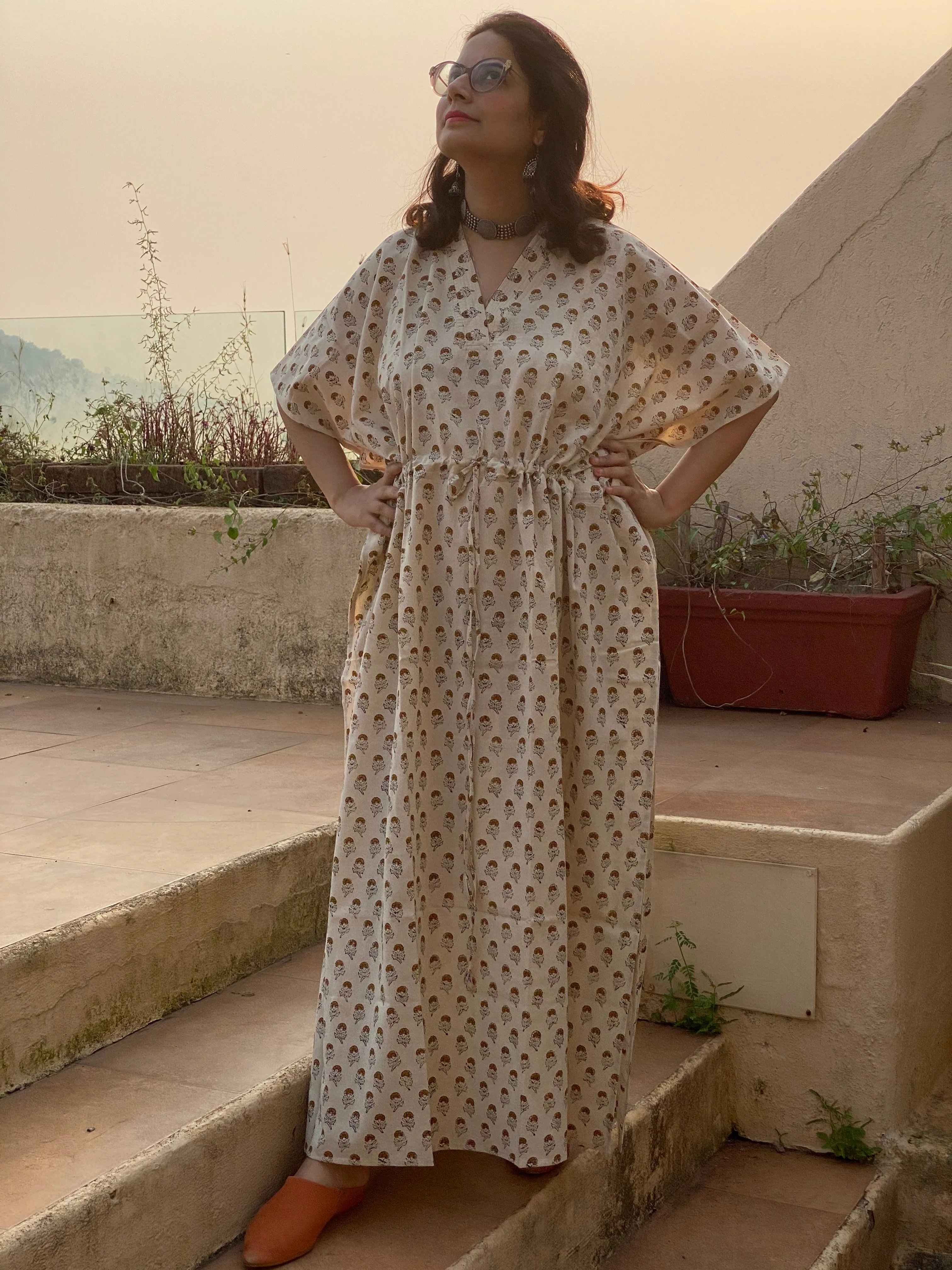 Cream Mustard Floral Motif Hand-Blocked Kaftan with V-Neck, Cinched Waist and Available in both Knee and Ankle Length