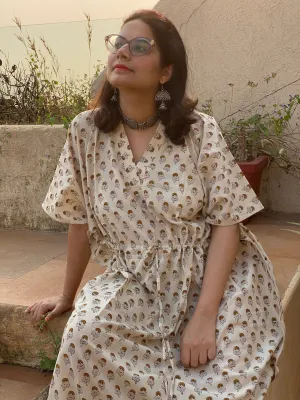 Cream Mustard Floral Motif Hand-Blocked Kaftan with V-Neck, Cinched Waist and Available in both Knee and Ankle Length