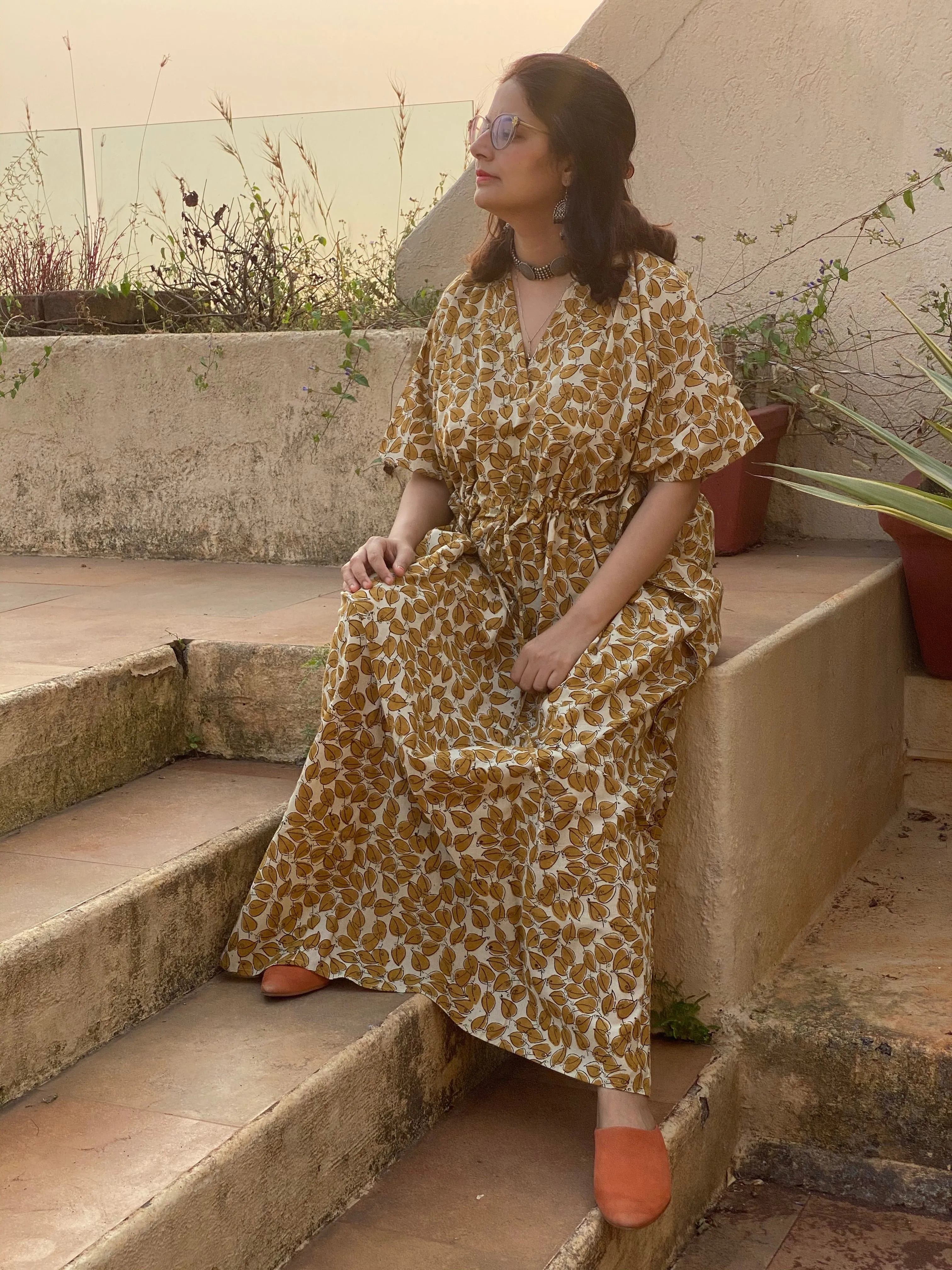 Cream Mustard Leafy Motif Hand-Blocked Kaftan with V-Neck, Cinched Waist and Available in both Knee and Ankle Length