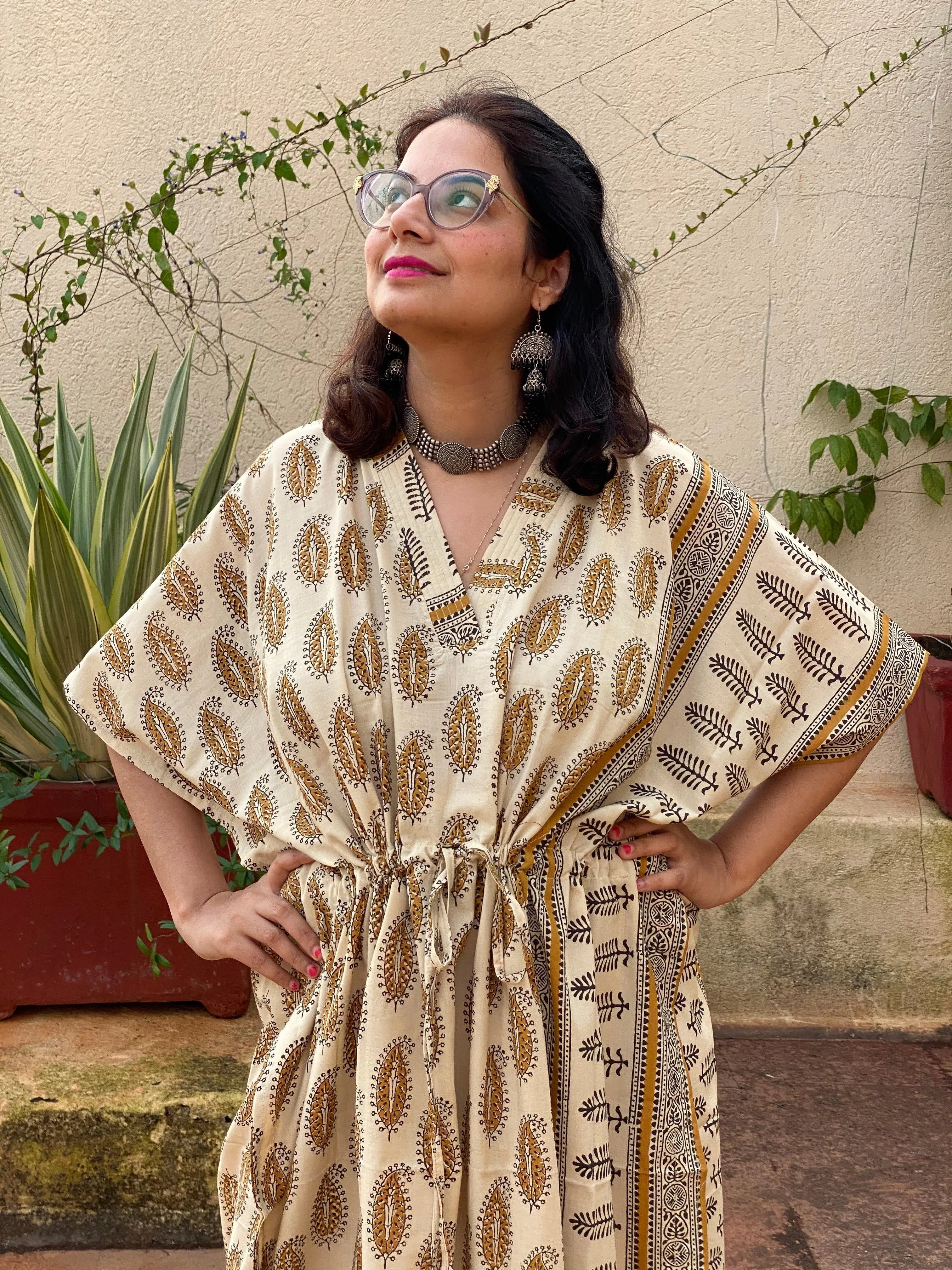 Cream Mustard Paisley Bordered Hand Block Printed Caftan with V-Neck, Cinched Waist and Available in both Knee and Ankle Length