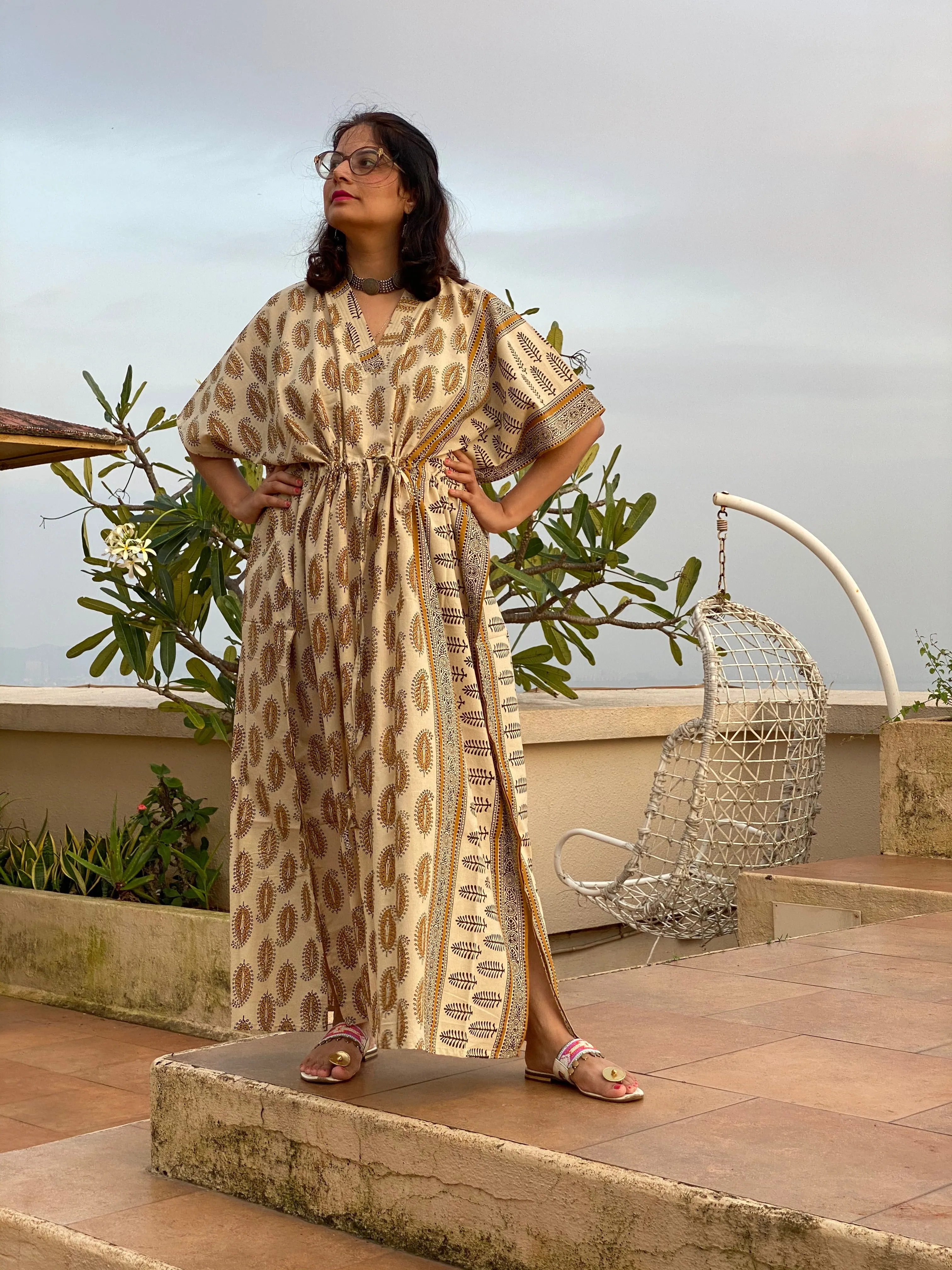 Cream Mustard Paisley Bordered Hand Block Printed Caftan with V-Neck, Cinched Waist and Available in both Knee and Ankle Length