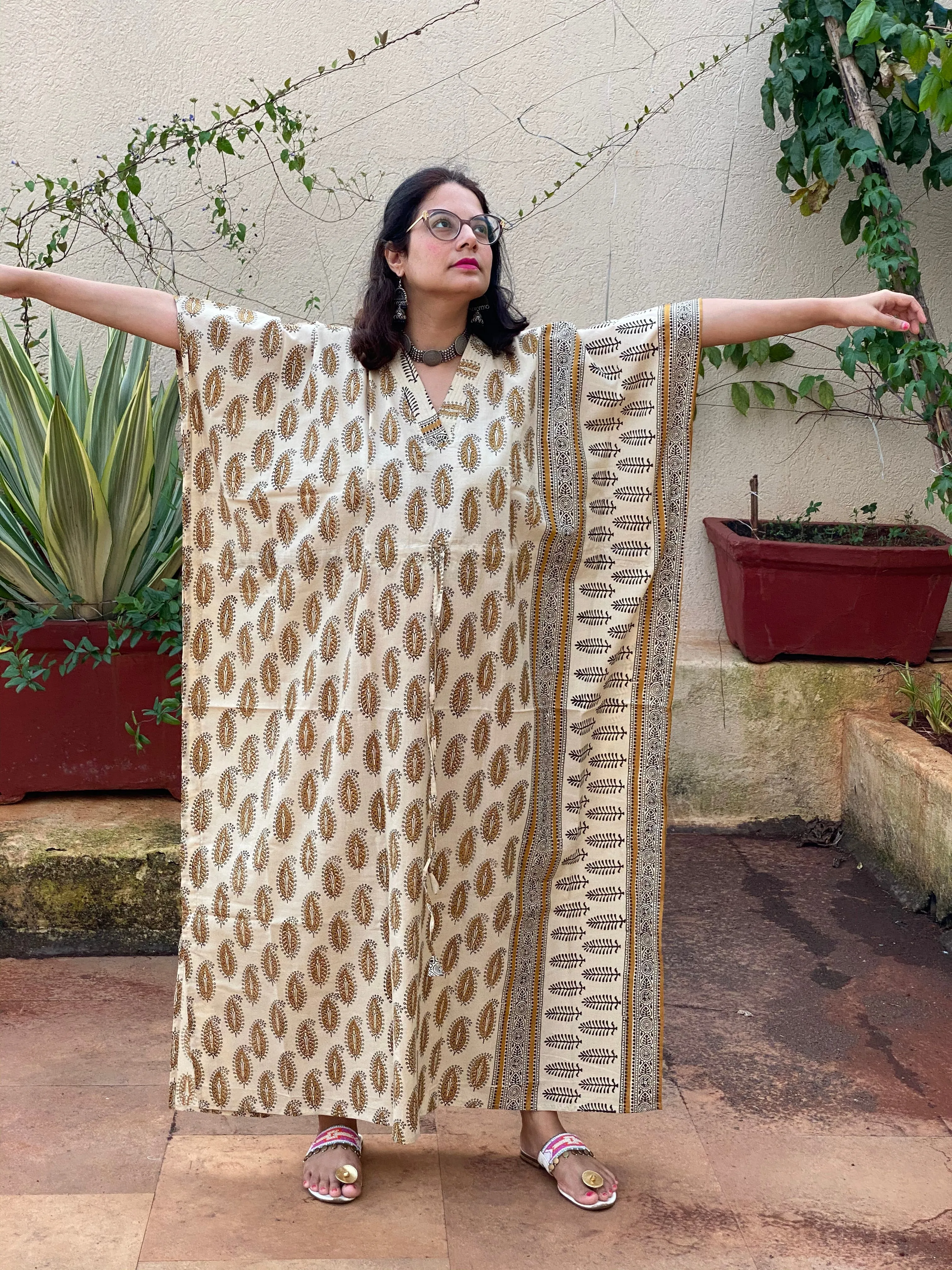 Cream Mustard Paisley Bordered Hand Block Printed Caftan with V-Neck, Cinched Waist and Available in both Knee and Ankle Length