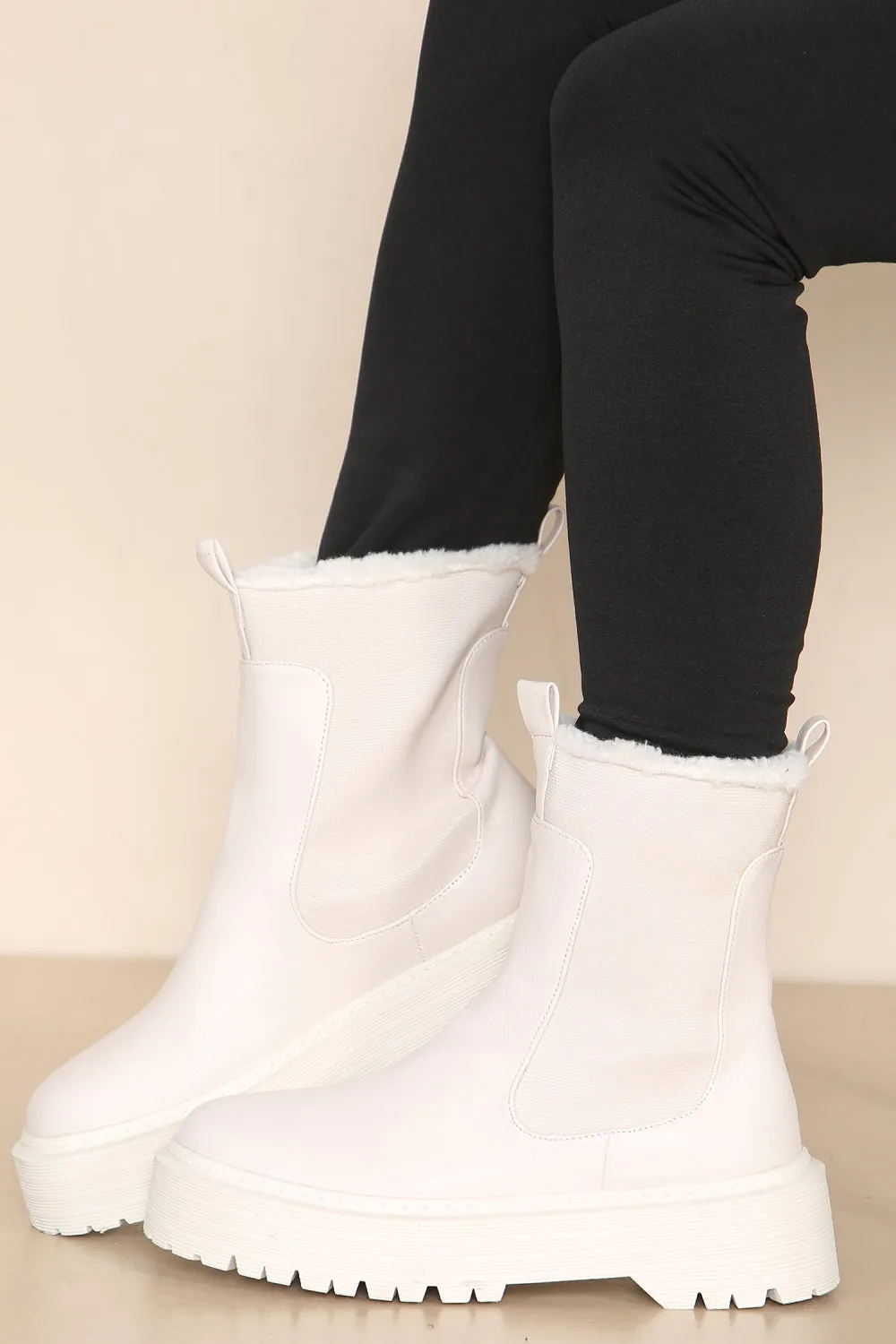 CREAM PU FAUX FUR TRIM ELASTICATED ANKLE DETAIL CHUNKY ANKLE BOOTS