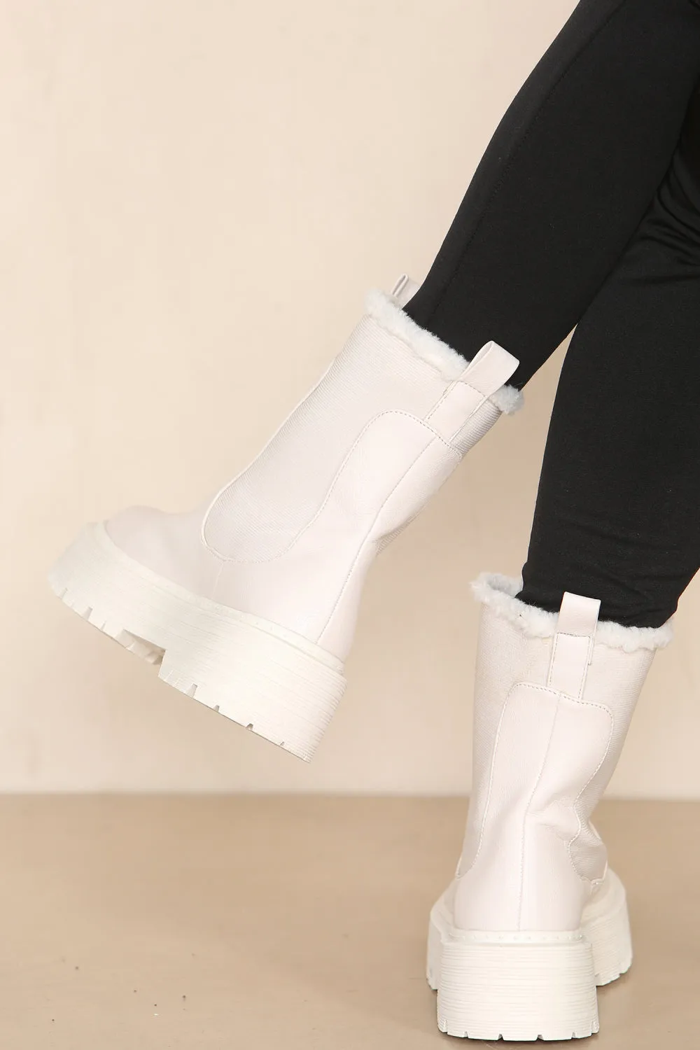 CREAM PU FAUX FUR TRIM ELASTICATED ANKLE DETAIL CHUNKY ANKLE BOOTS