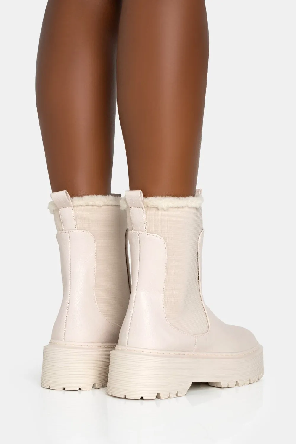 CREAM PU FAUX FUR TRIM ELASTICATED ANKLE DETAIL CHUNKY ANKLE BOOTS