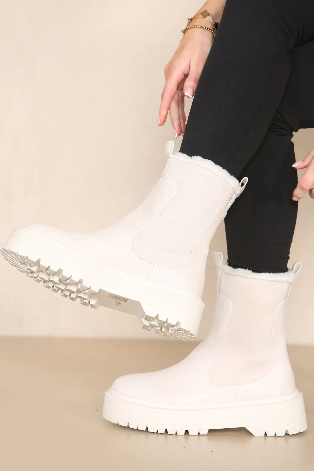 CREAM PU FAUX FUR TRIM ELASTICATED ANKLE DETAIL CHUNKY ANKLE BOOTS