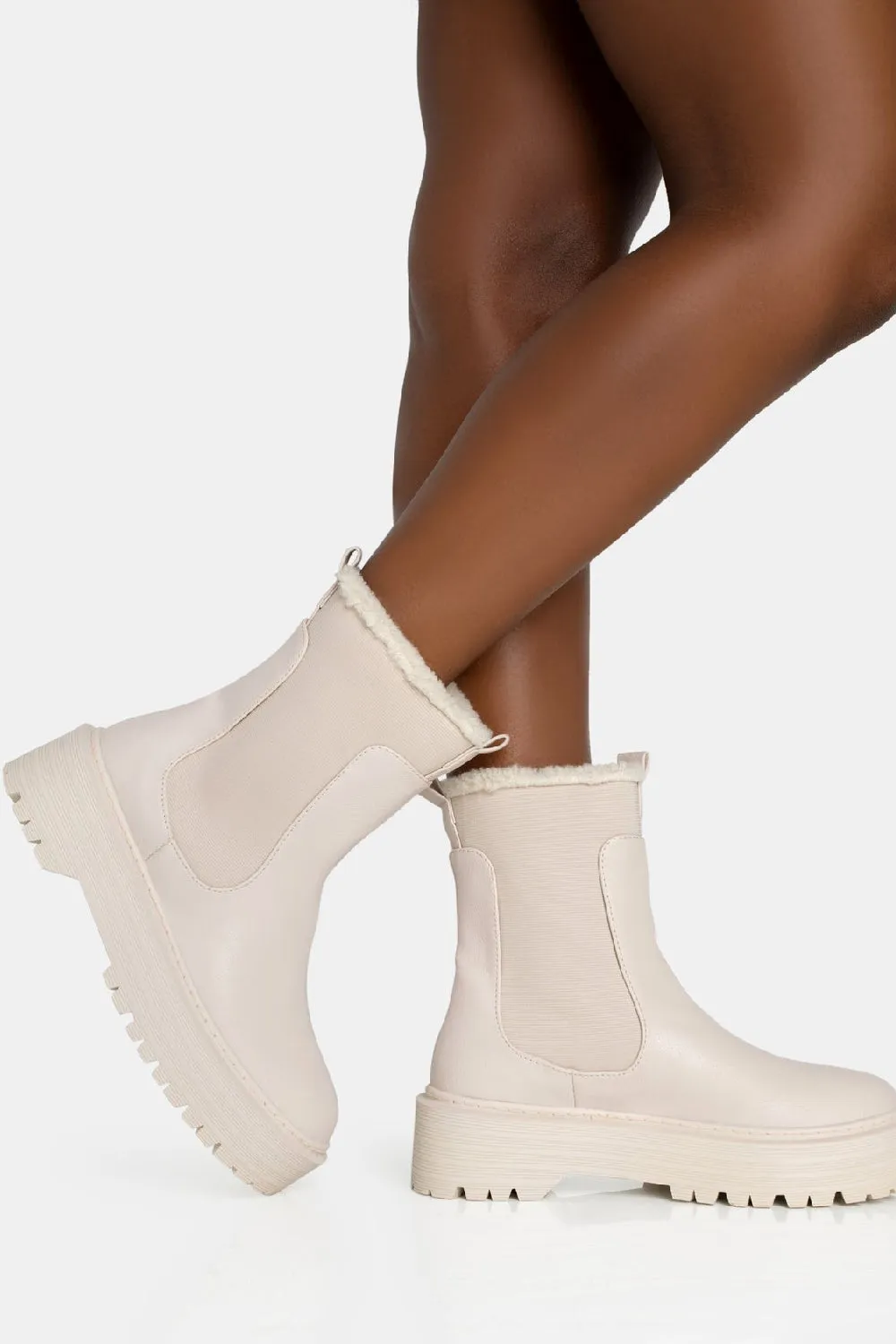 CREAM PU FAUX FUR TRIM ELASTICATED ANKLE DETAIL CHUNKY ANKLE BOOTS