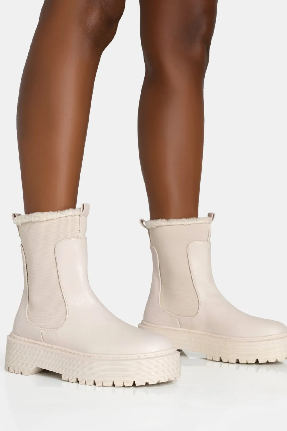 CREAM PU FAUX FUR TRIM ELASTICATED ANKLE DETAIL CHUNKY ANKLE BOOTS