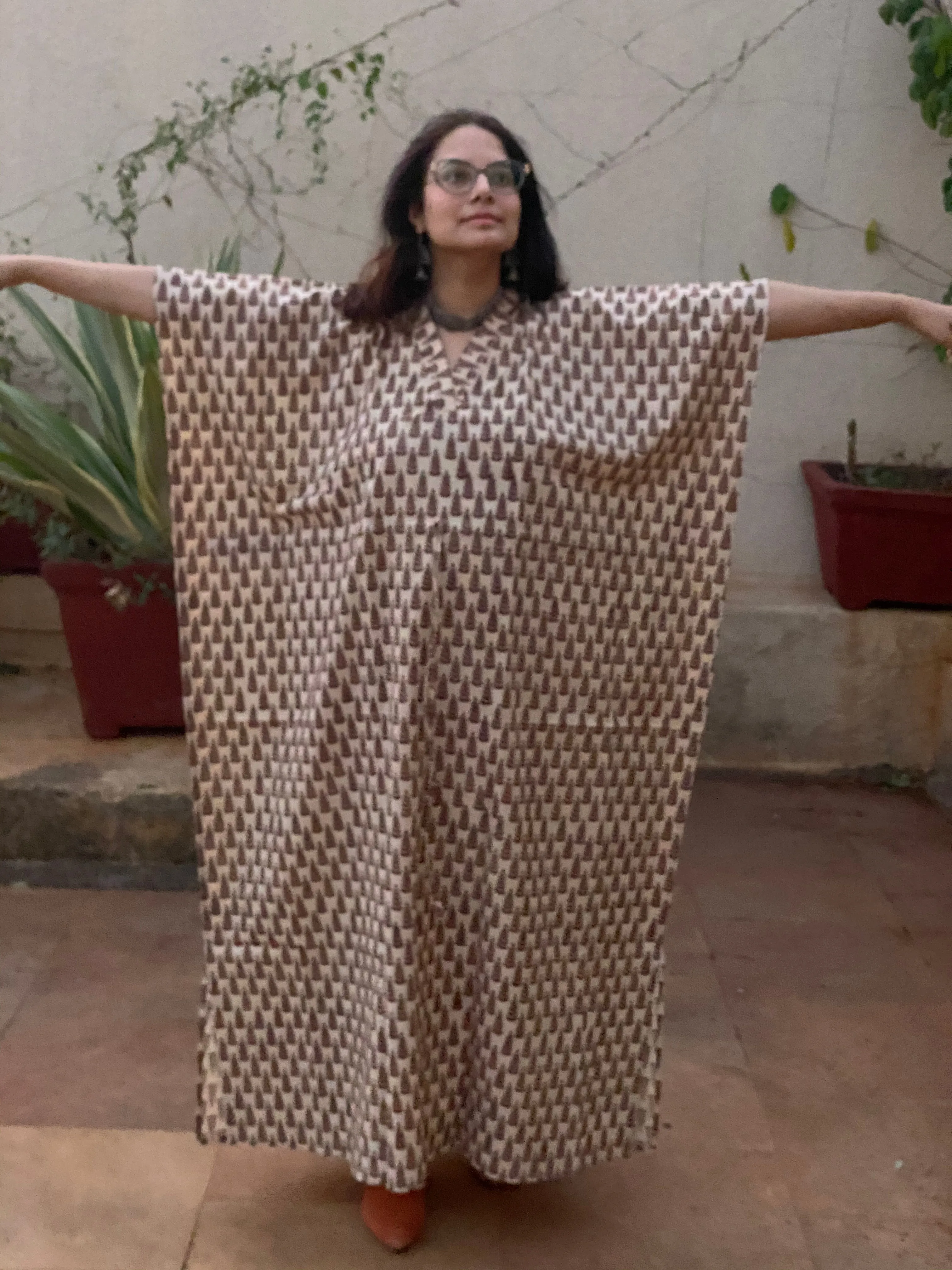 Cream Red Tiny Tree Motif Hand Block Printed Caftan with V-Neck, Cinched Waist and Available in both Knee and Ankle Length