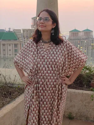 Cream Red Tiny Tree Motif Hand Block Printed Caftan with V-Neck, Cinched Waist and Available in both Knee and Ankle Length