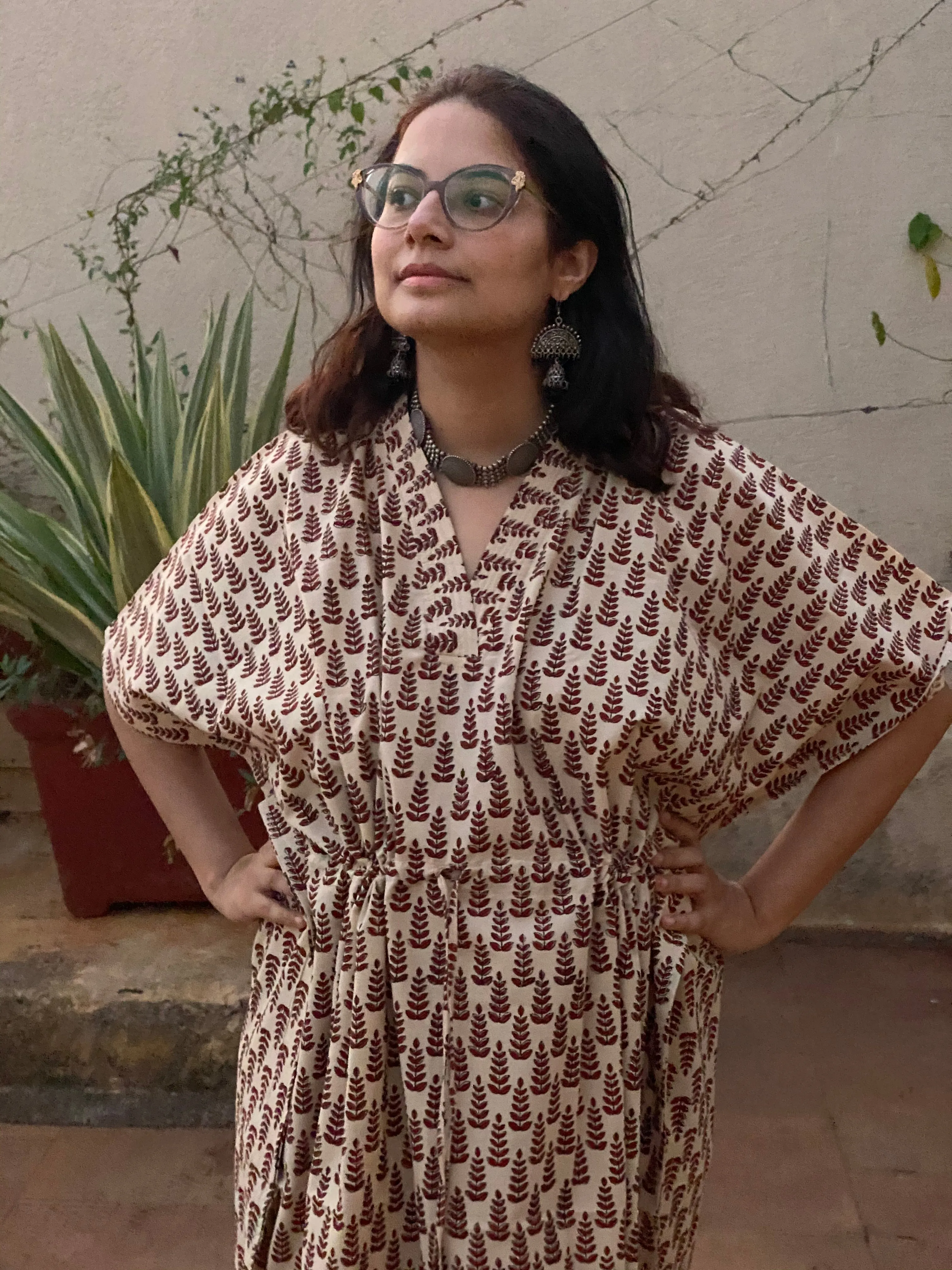 Cream Red Tiny Tree Motif Hand Block Printed Caftan with V-Neck, Cinched Waist and Available in both Knee and Ankle Length