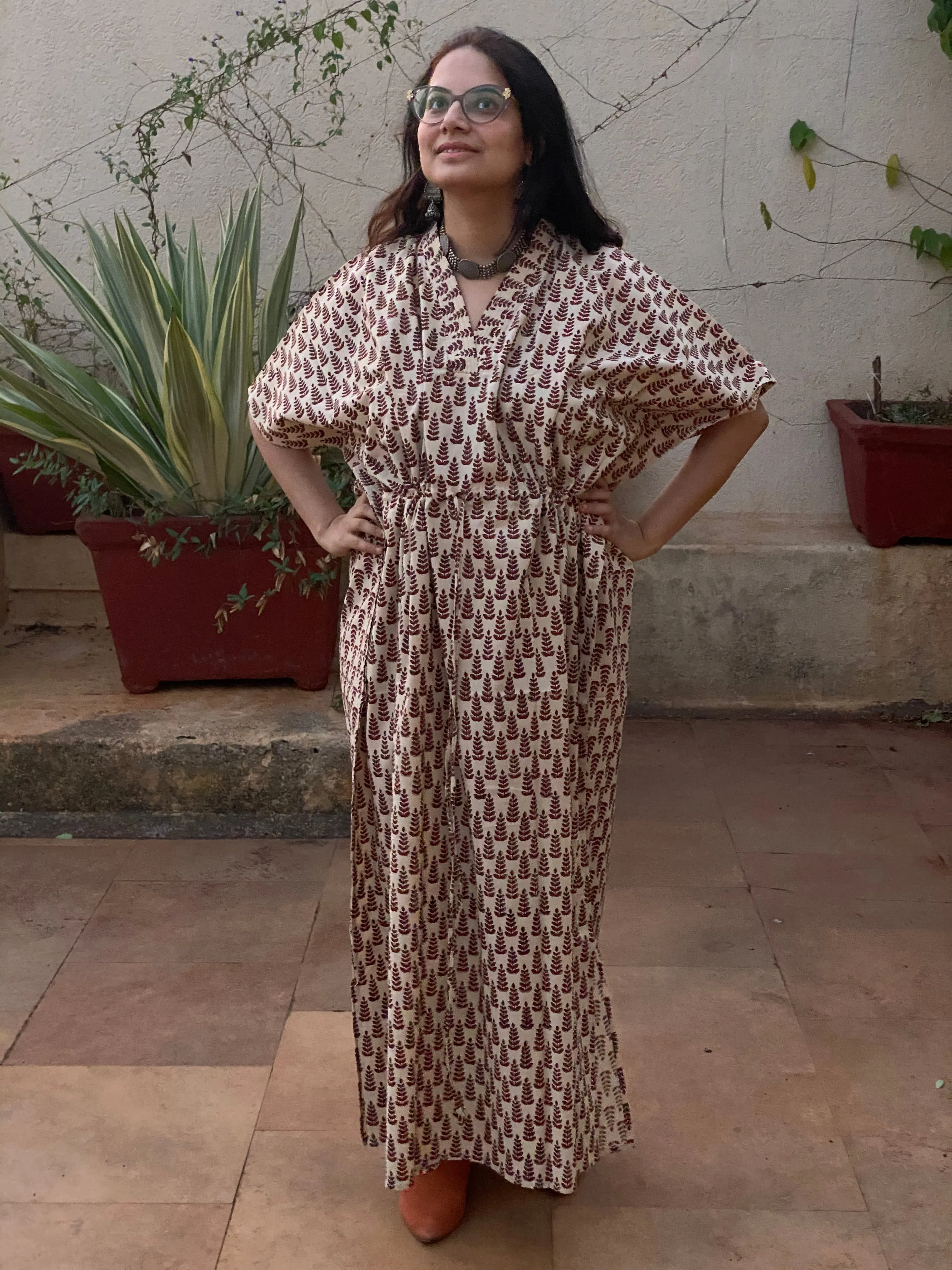 Cream Red Tiny Tree Motif Hand Block Printed Caftan with V-Neck, Cinched Waist and Available in both Knee and Ankle Length