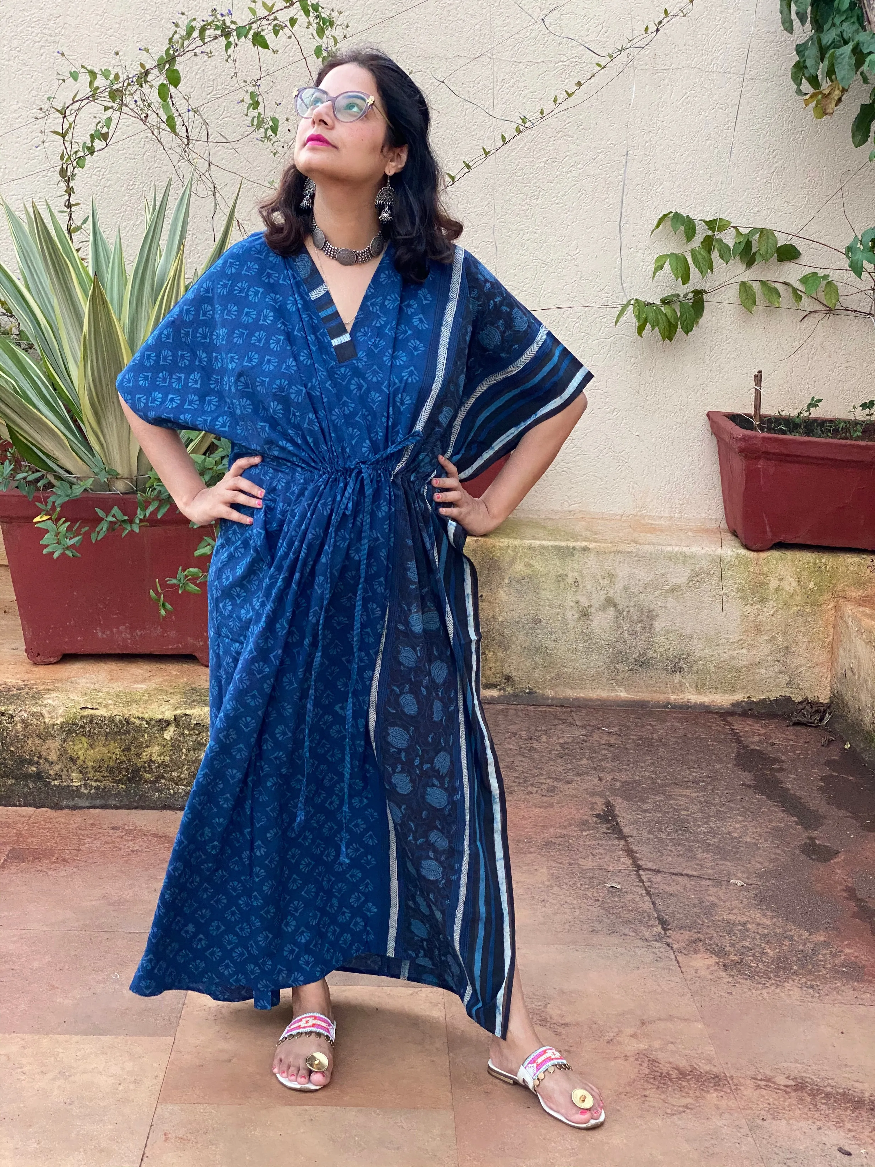 Dark Blue Bordered Hand Block Printed Caftan with V-Neck, Cinched Waist and Available in both Knee and Ankle Length