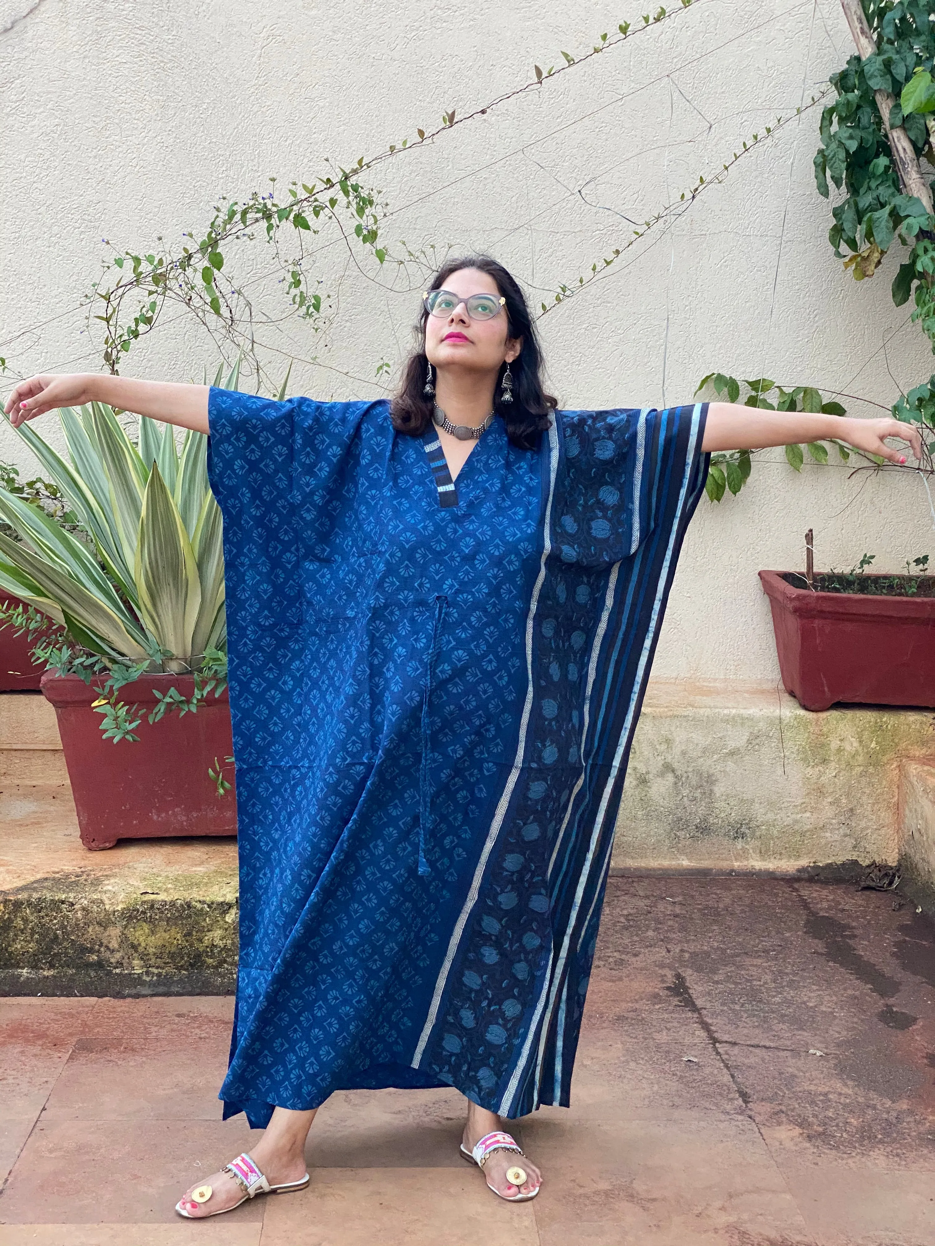 Dark Blue Bordered Hand Block Printed Caftan with V-Neck, Cinched Waist and Available in both Knee and Ankle Length