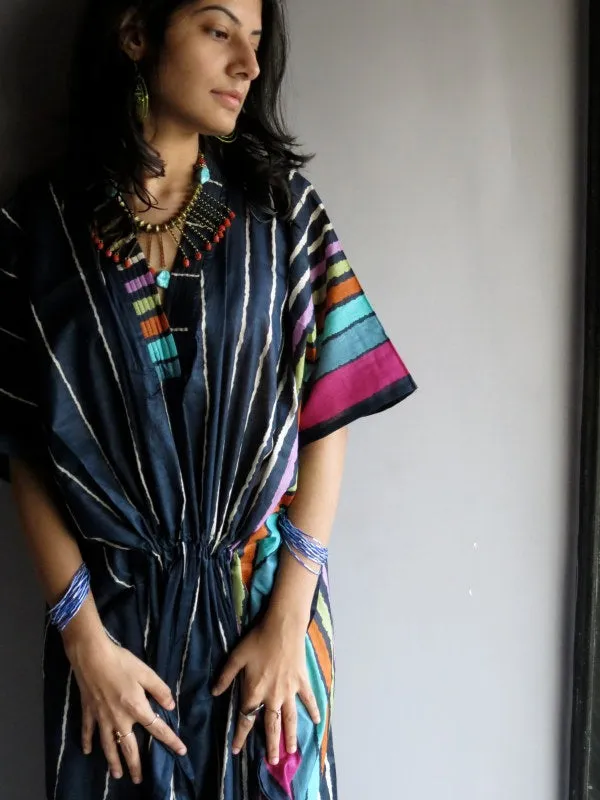 Dark Blue Stripes V-Neck, Ankle Length, Cinched Waist Caftan