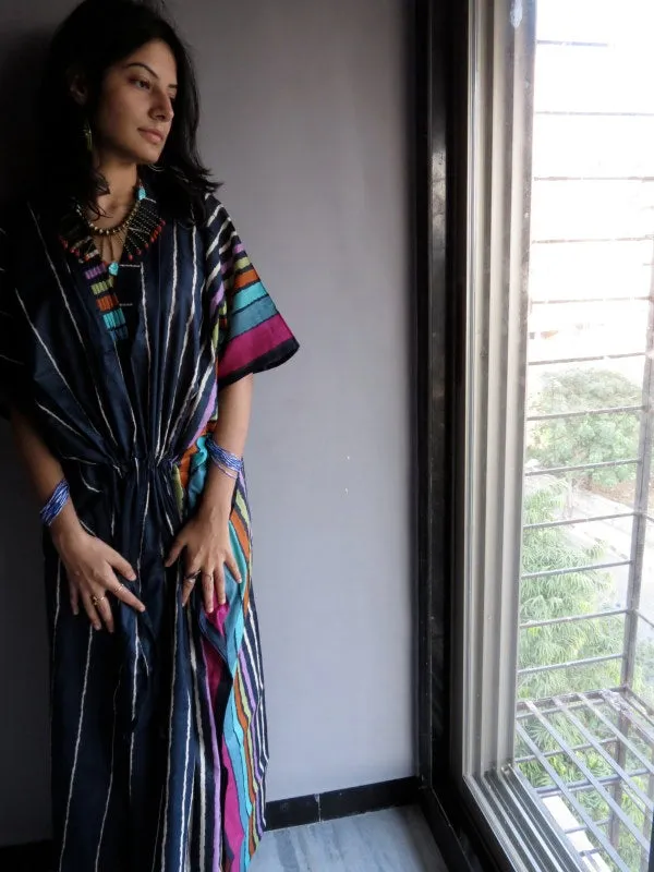 Dark Blue Stripes V-Neck, Ankle Length, Cinched Waist Caftan