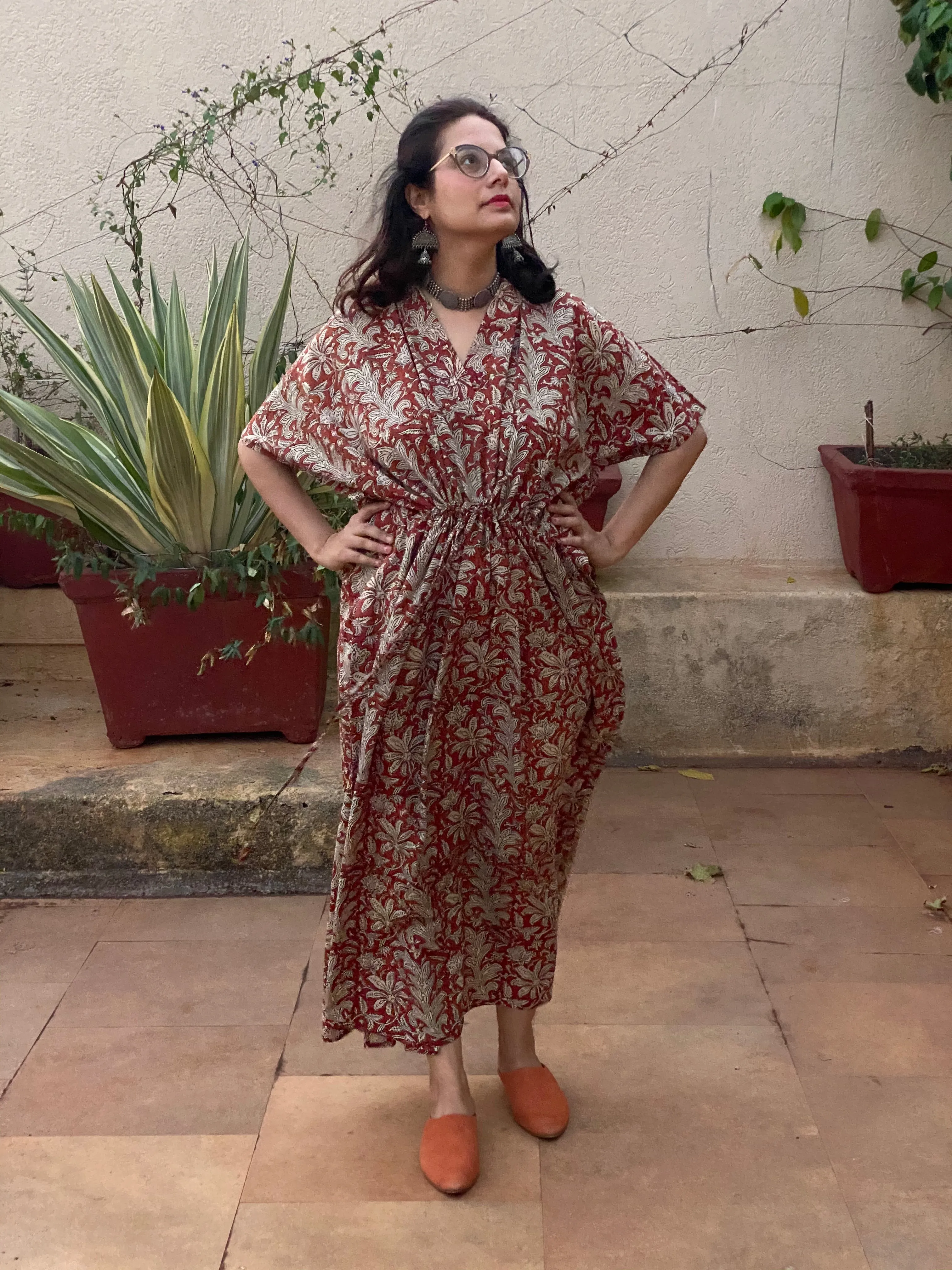 Deep Red Floral Motif Hand-Blocked Caftan with V-Neck, Cinched Waist and Available in both Knee and Ankle Length