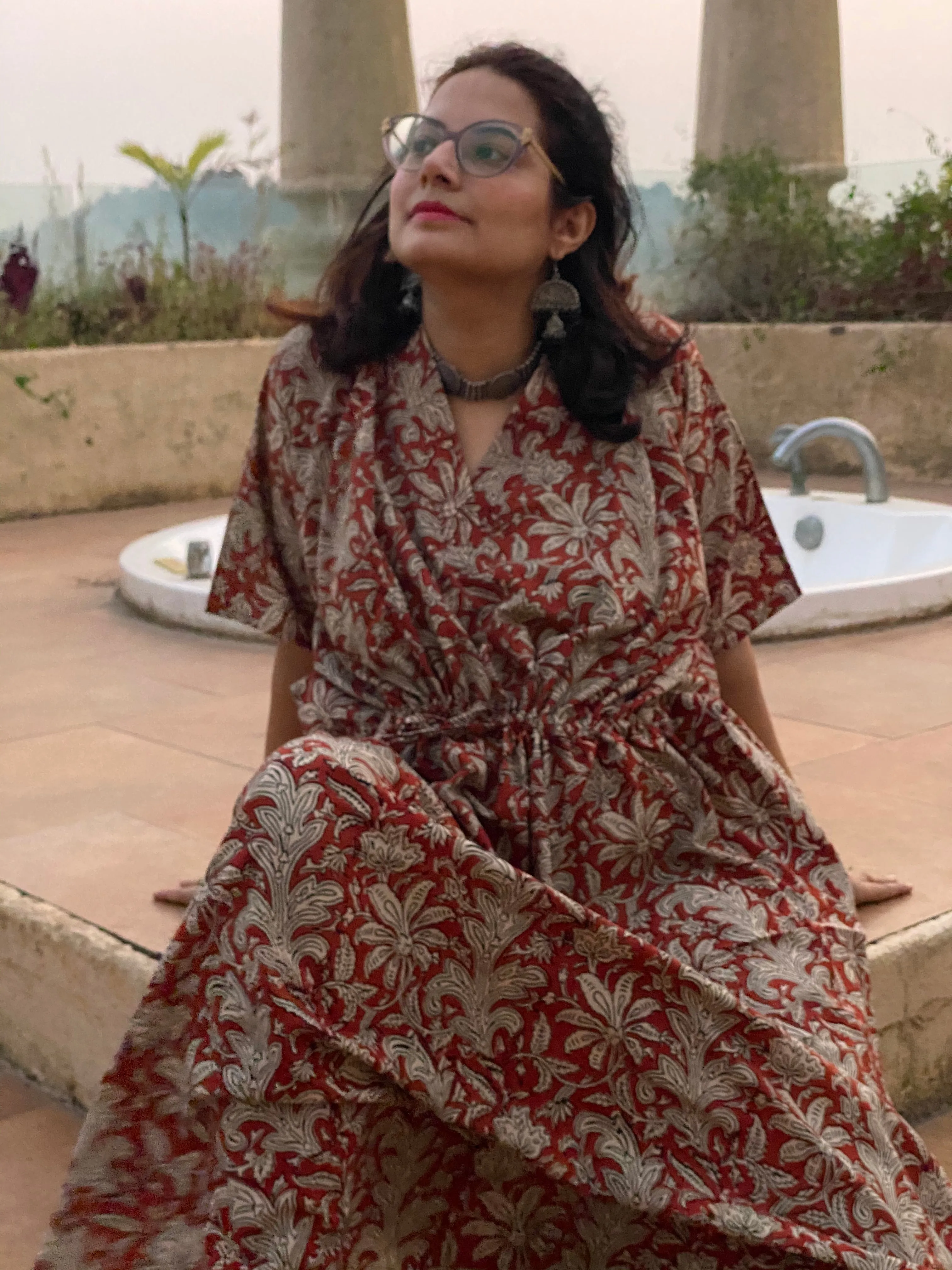 Deep Red Floral Motif Hand-Blocked Caftan with V-Neck, Cinched Waist and Available in both Knee and Ankle Length