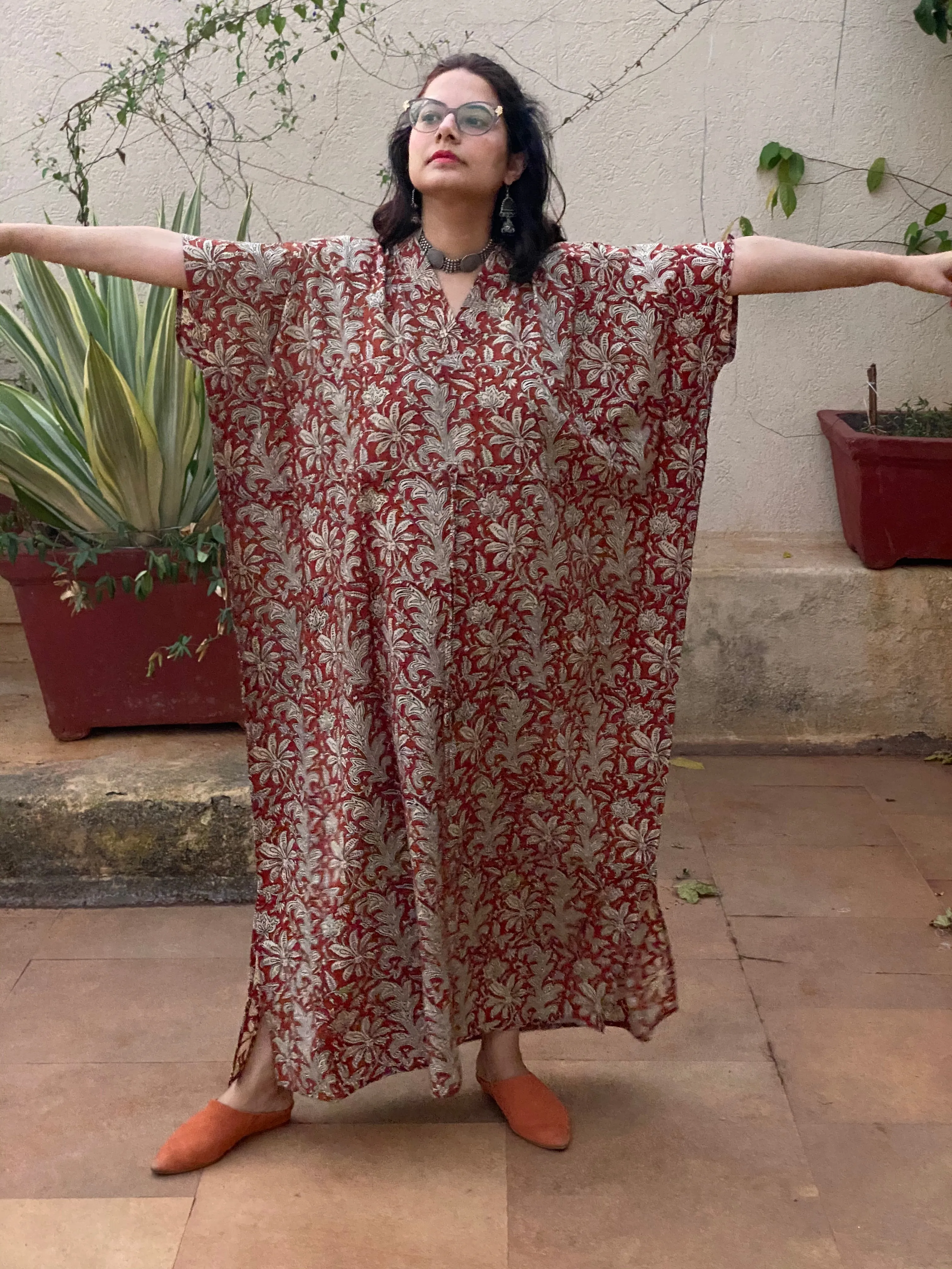 Deep Red Floral Motif Hand-Blocked Caftan with V-Neck, Cinched Waist and Available in both Knee and Ankle Length