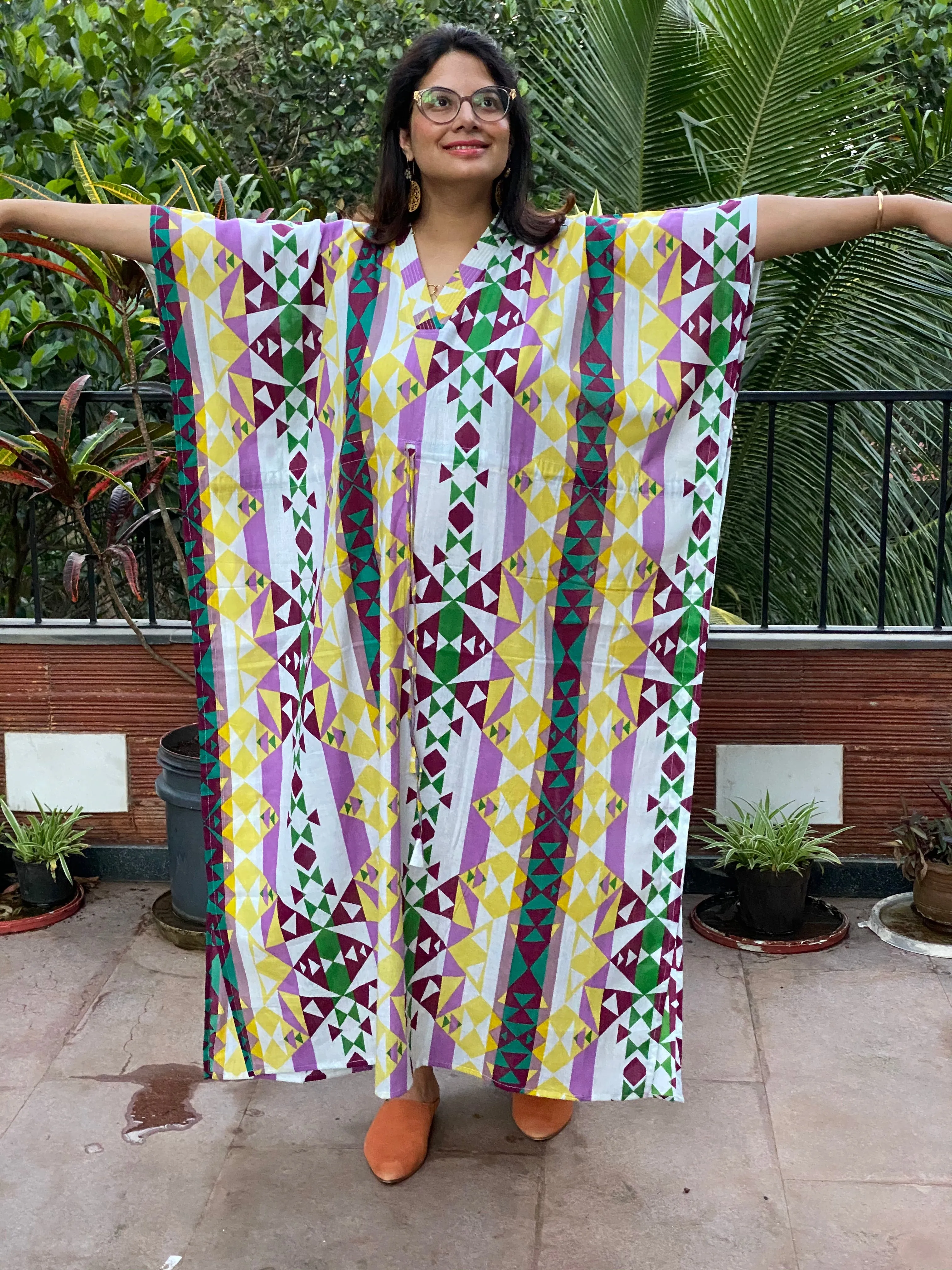 Diamond Aztec V-Neck, Cinched Waist Ankle Length Caftan