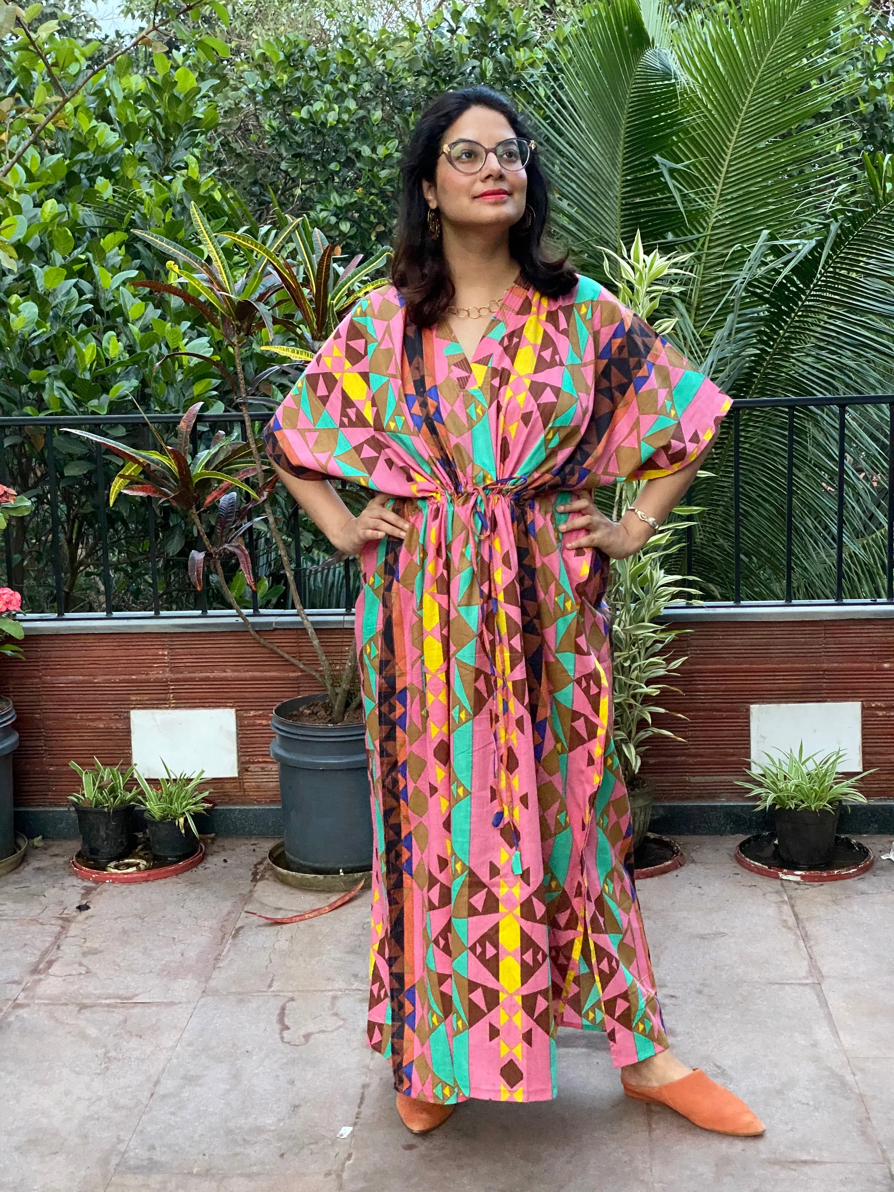 Diamond Aztec V-Neck, Cinched Waist Ankle Length Caftan