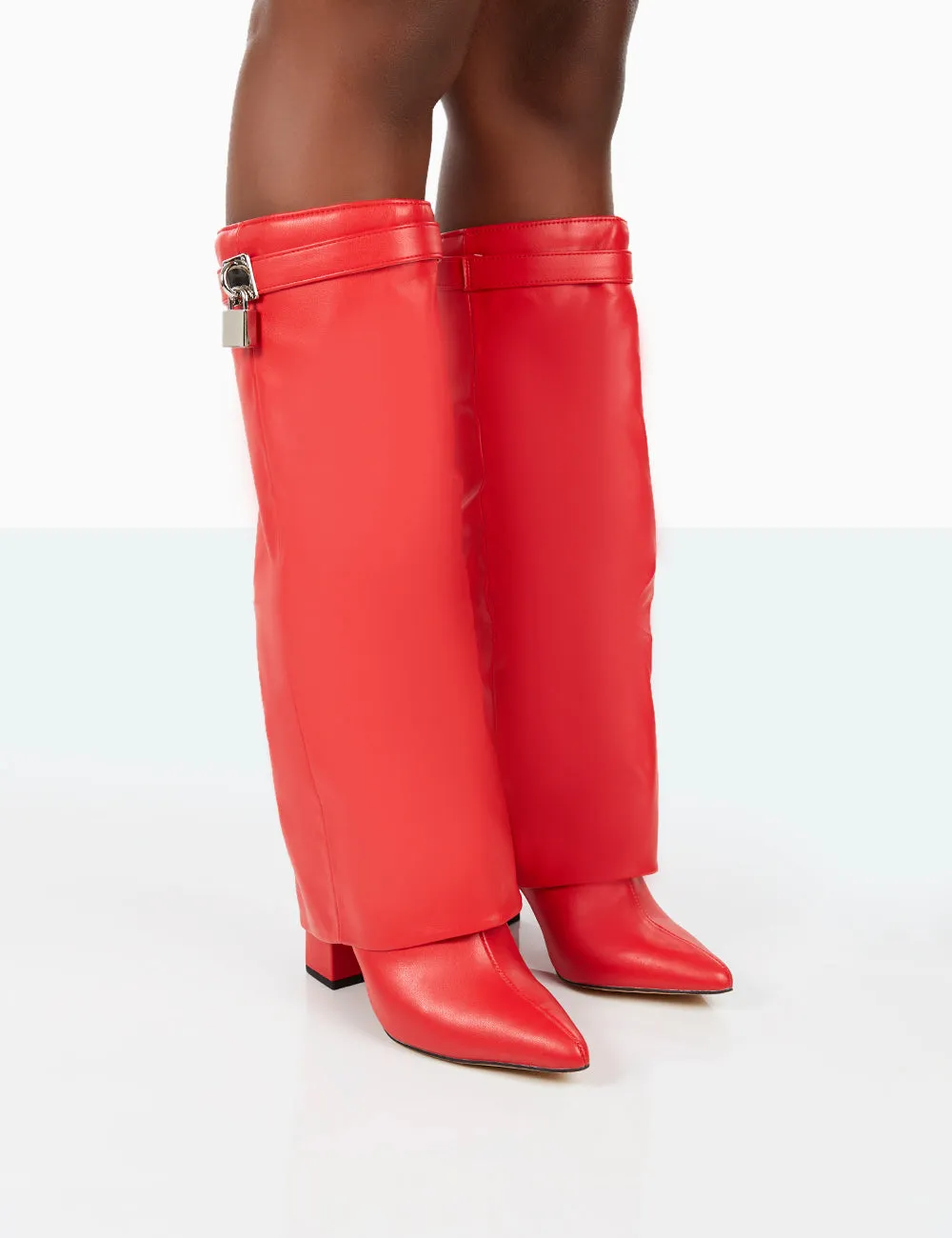 Echo Red Grain Pu Pointed Toe Knee High Block Boots