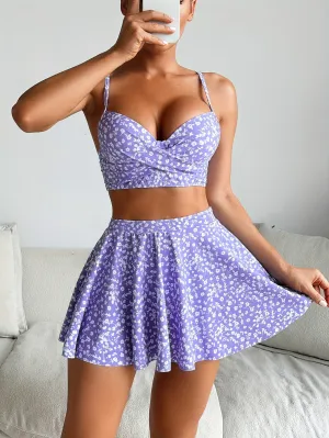 Eye-Catching 3-Piece Purple Ditsy Floral Swimsuit Set for Women - Stretchy Push-Up Bikini with V-Neck & Spaghetti Straps plus Ruched Cover-Up Skirt - Perfect for Beach and Poolside Wear