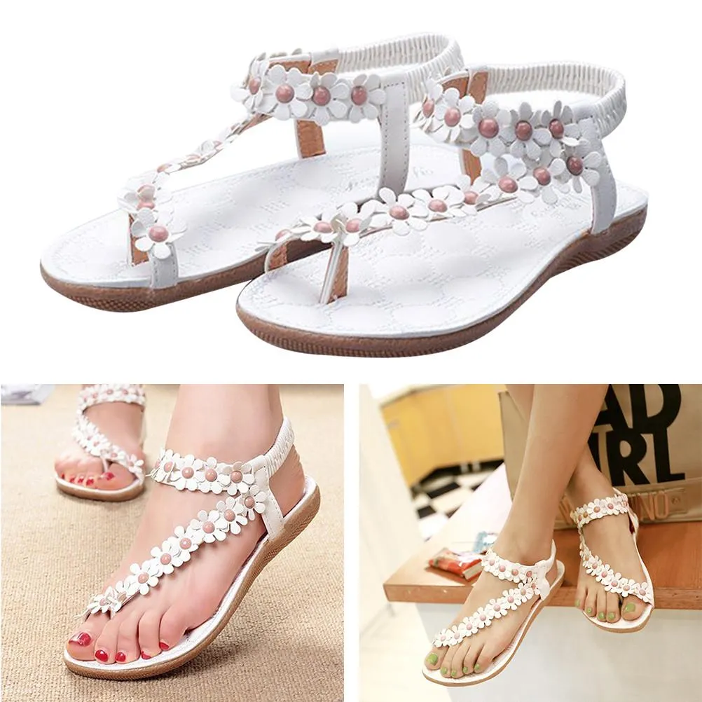 Fashion Beach Shoes Clip Toe Crotch Flower Flat Sandals for Women Girls Size 41 (Beige)