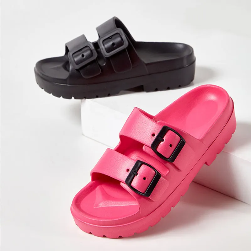 Fashion Double Buckle Slippers Summer Platform Garden Beach Shoes Casual Non-slip Floor Bathroom Home Slipper For Women