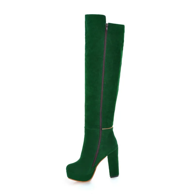 Faux suede chunky high heels thigh high boots with side zipper