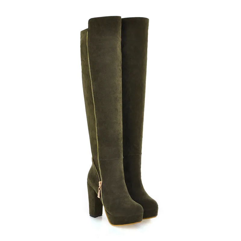 Faux suede chunky high heels thigh high boots with side zipper