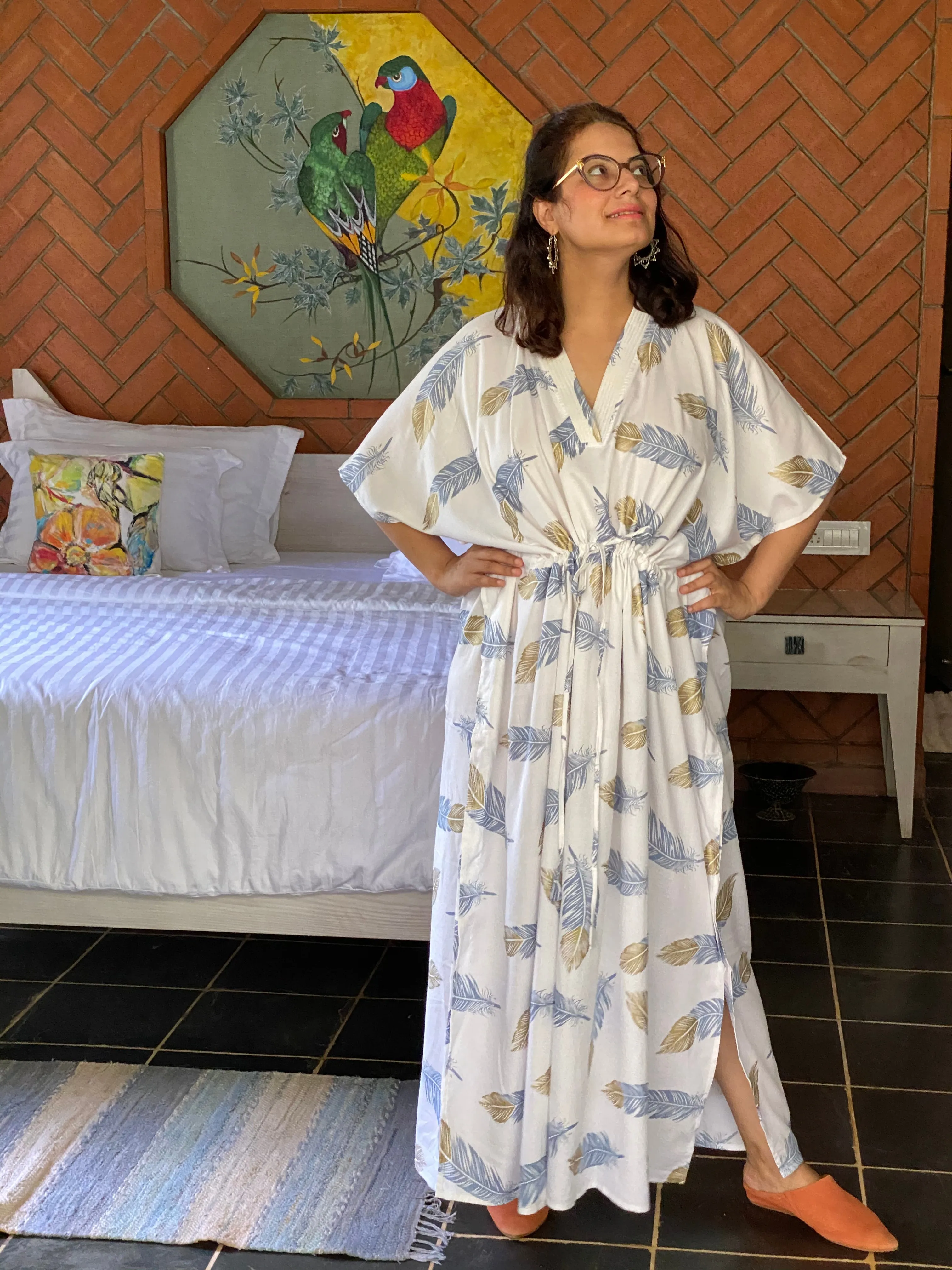 Feather Rhyme V-Neck, Cinched Waist Ankle Length Caftan