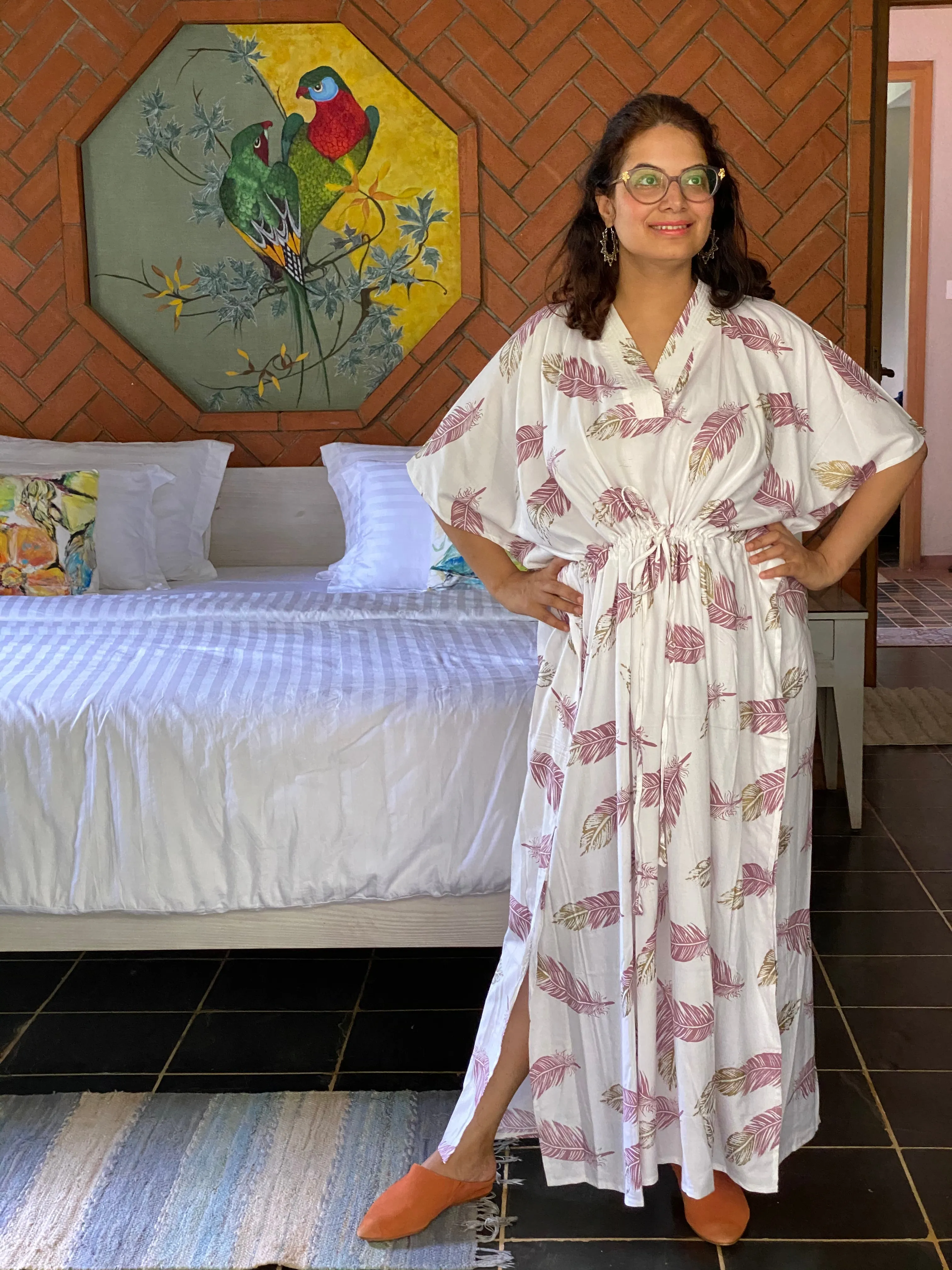 Feather Rhyme V-Neck, Cinched Waist Ankle Length Caftan