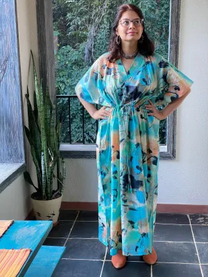 Flamingo Watercolor V-Neck, Cinched Waist Ankle Length Caftan