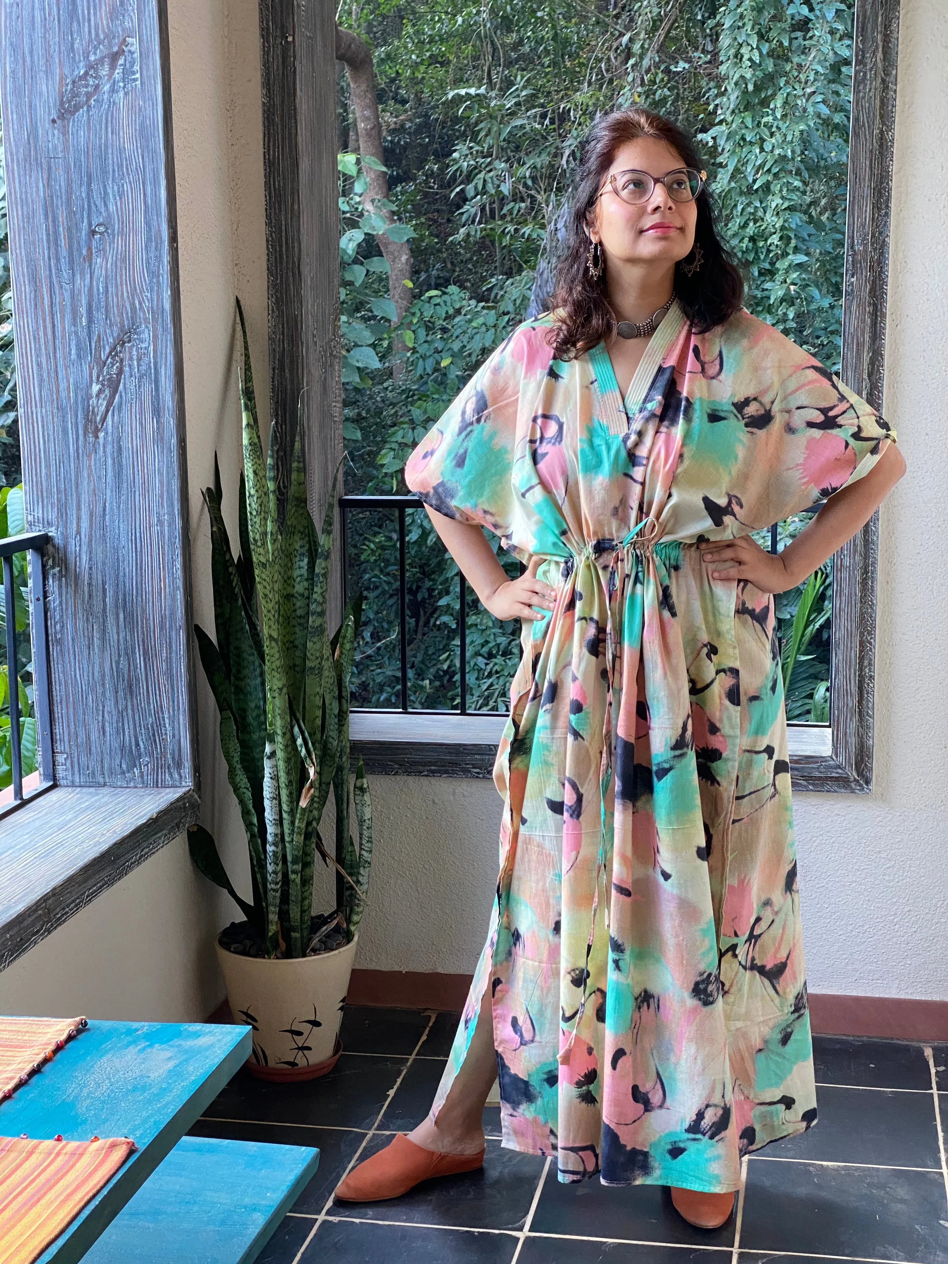 Flamingo Watercolor V-Neck, Cinched Waist Ankle Length Caftan