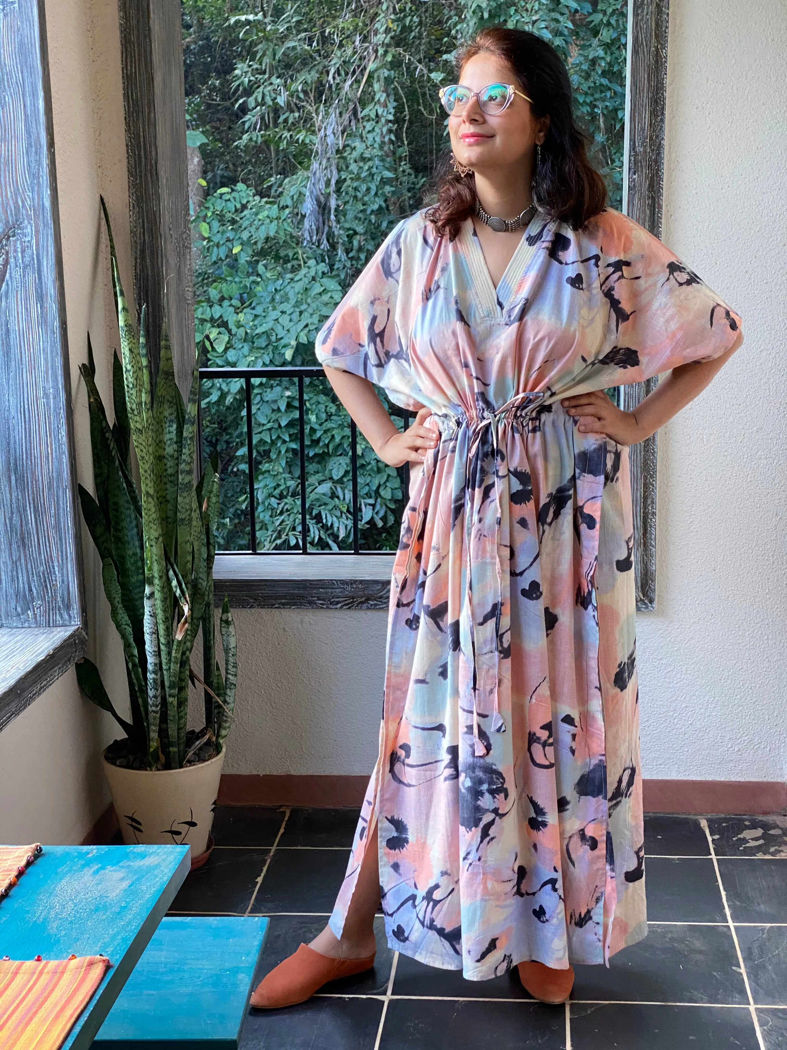 Flamingo Watercolor V-Neck, Cinched Waist Ankle Length Caftan