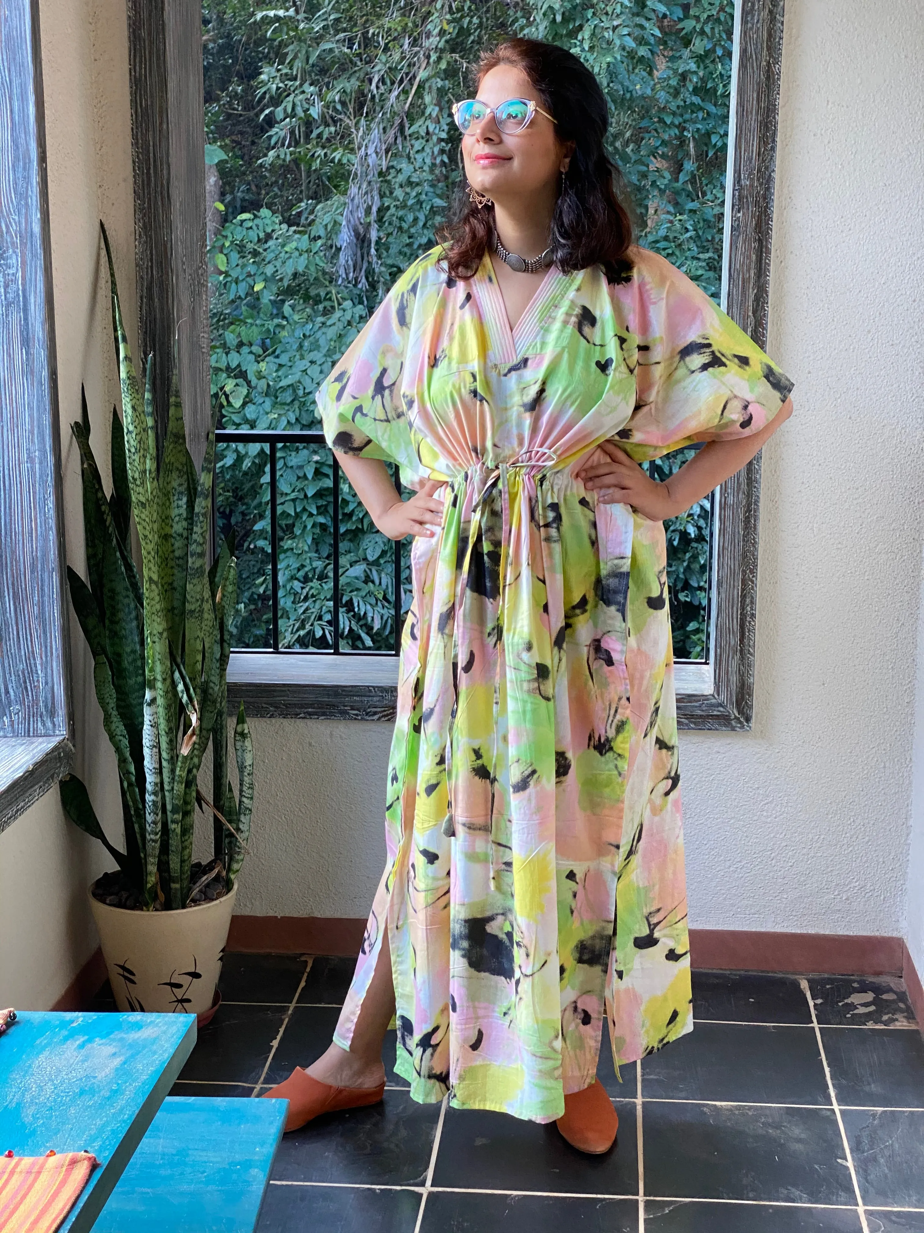 Flamingo Watercolor V-Neck, Cinched Waist Ankle Length Caftan