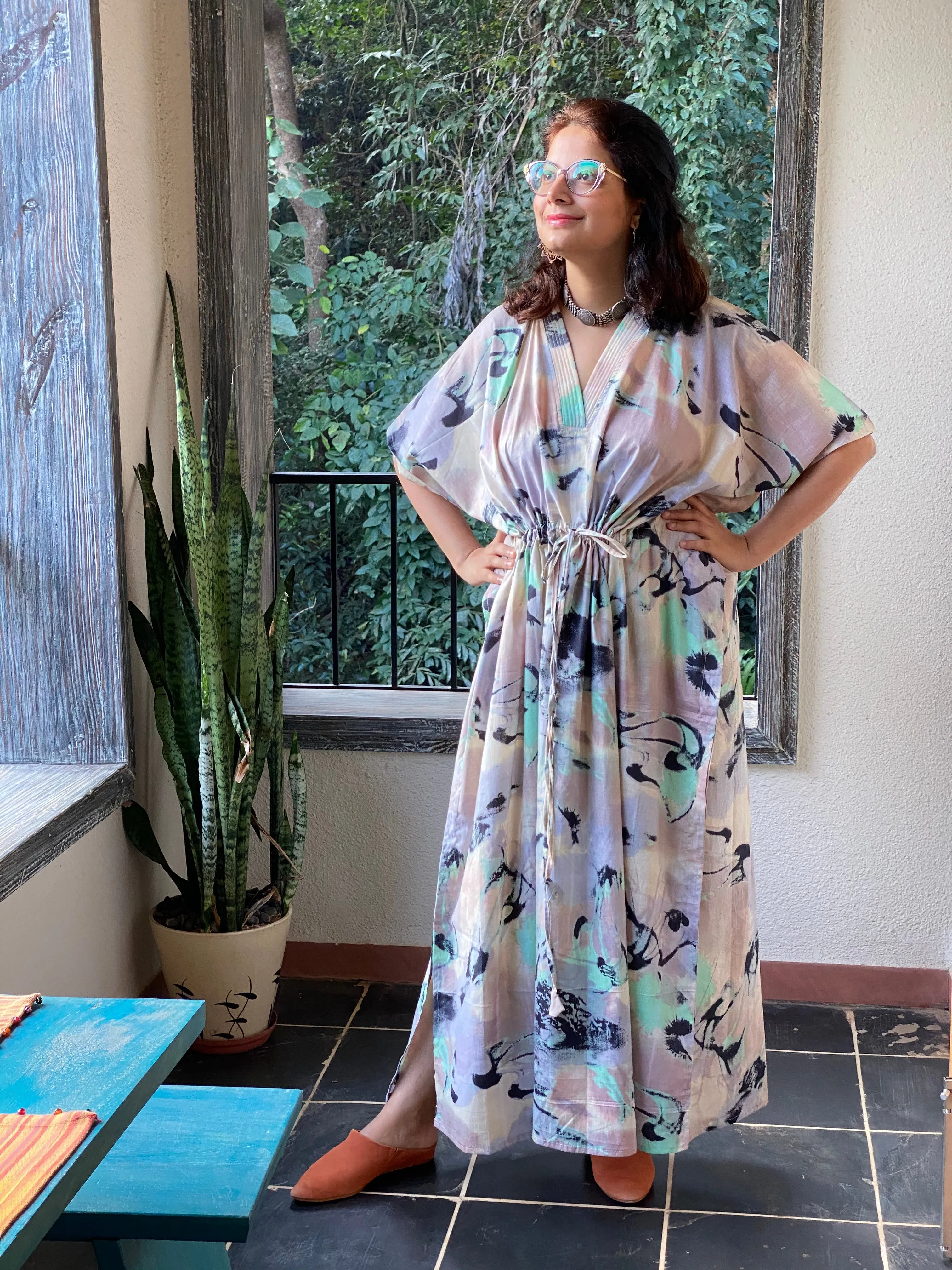 Flamingo Watercolor V-Neck, Cinched Waist Ankle Length Caftan