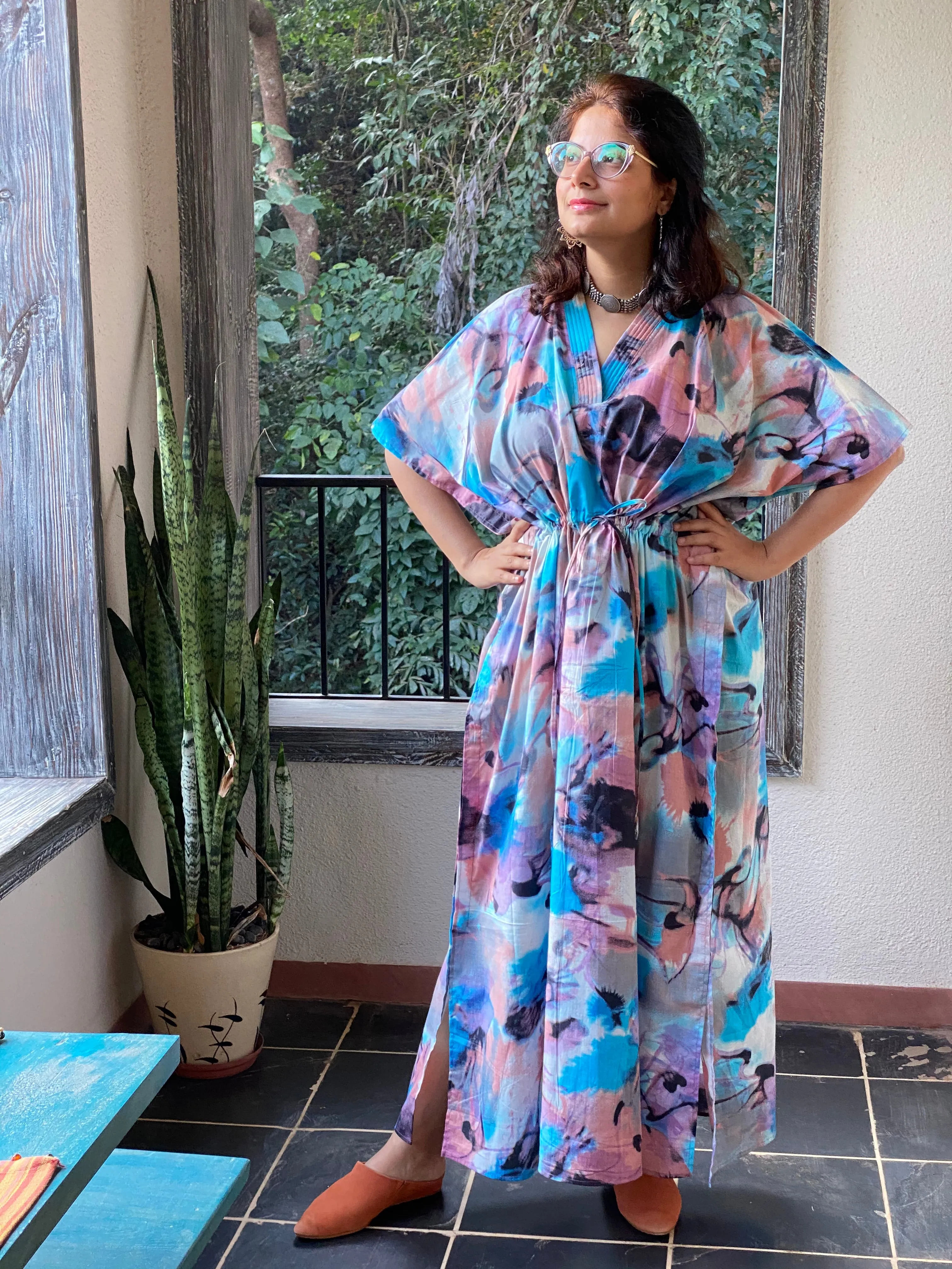 Flamingo Watercolor V-Neck, Cinched Waist Ankle Length Caftan