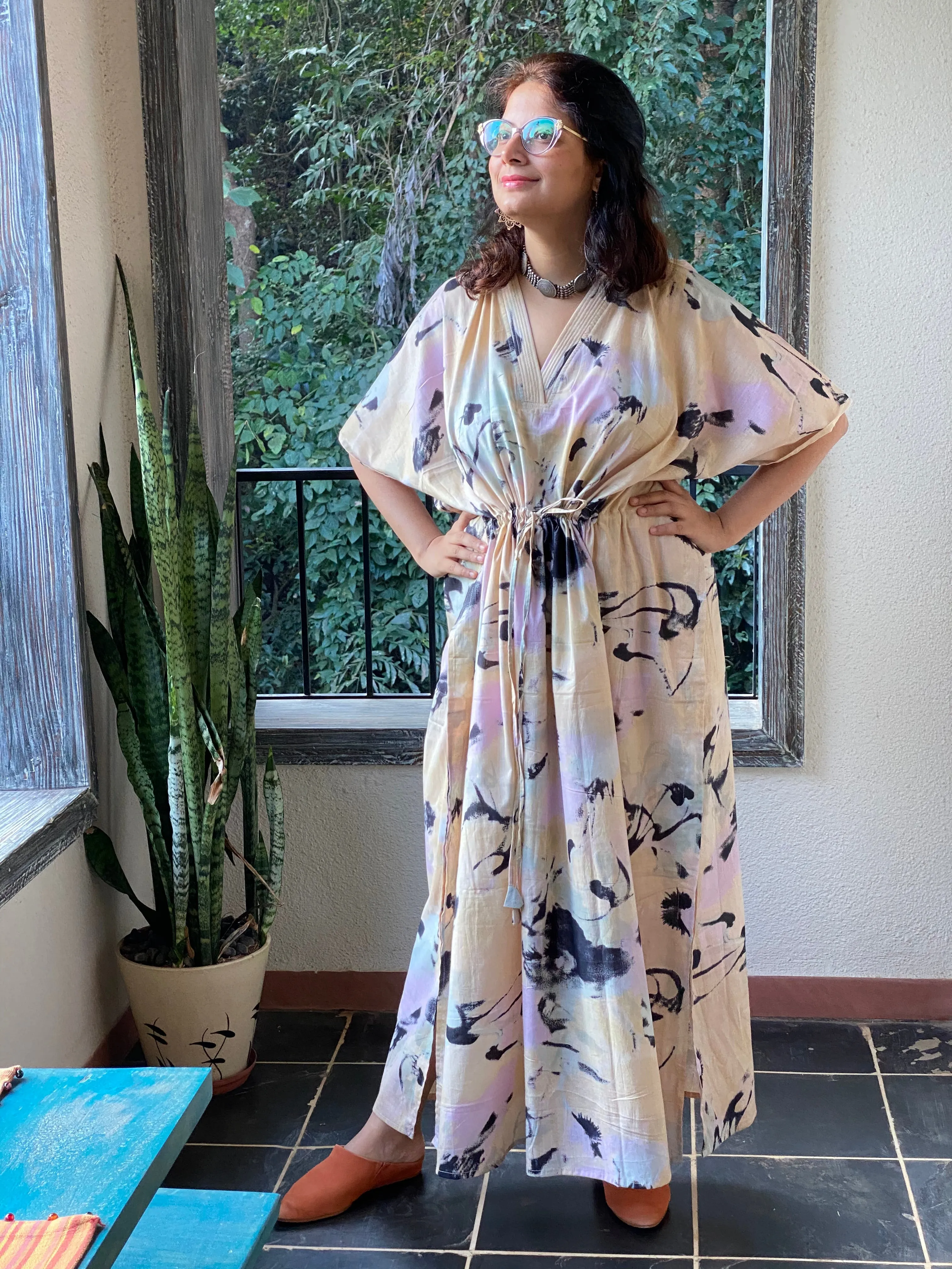 Flamingo Watercolor V-Neck, Cinched Waist Ankle Length Caftan