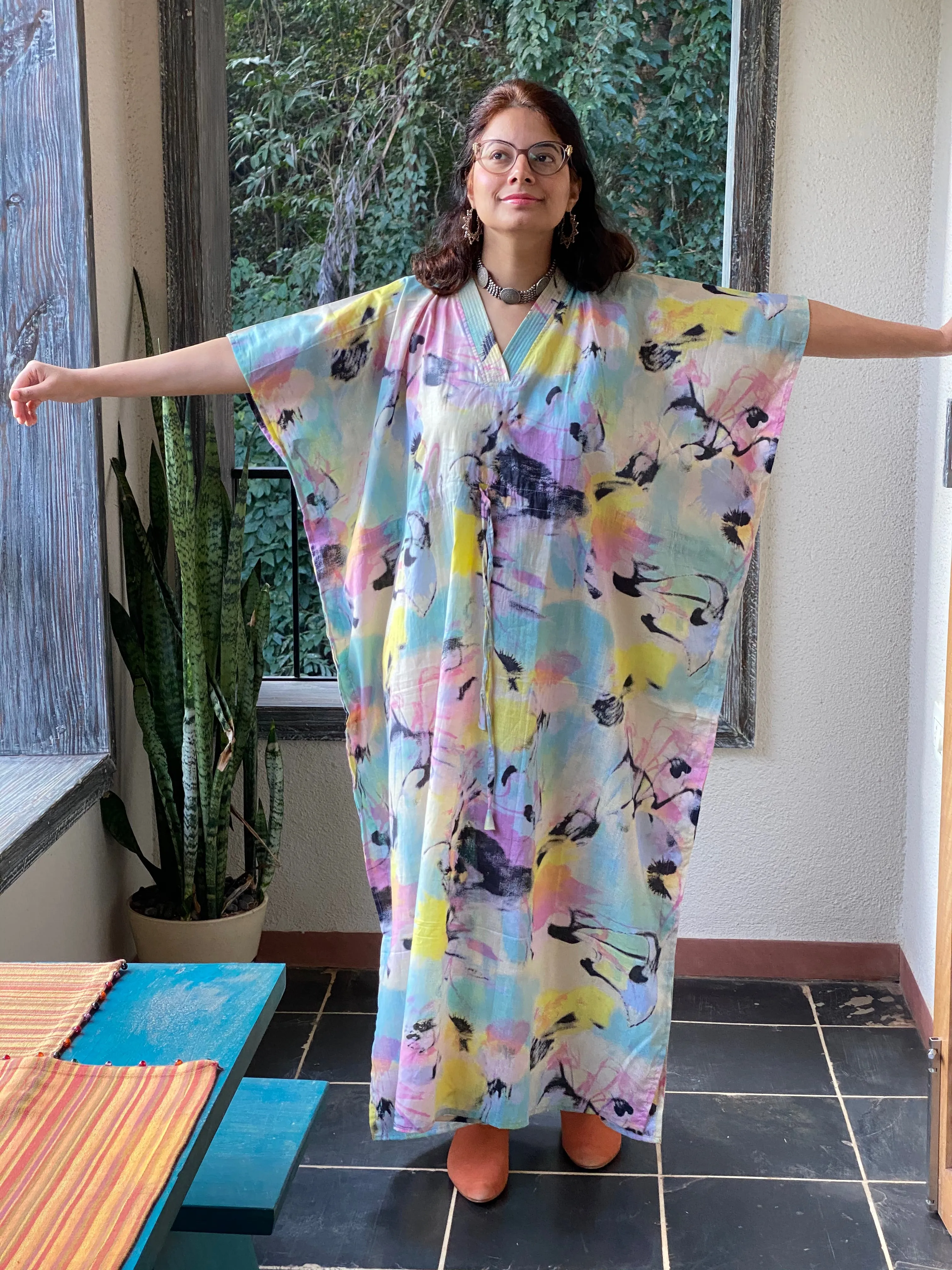 Flamingo Watercolor V-Neck, Cinched Waist Ankle Length Caftan