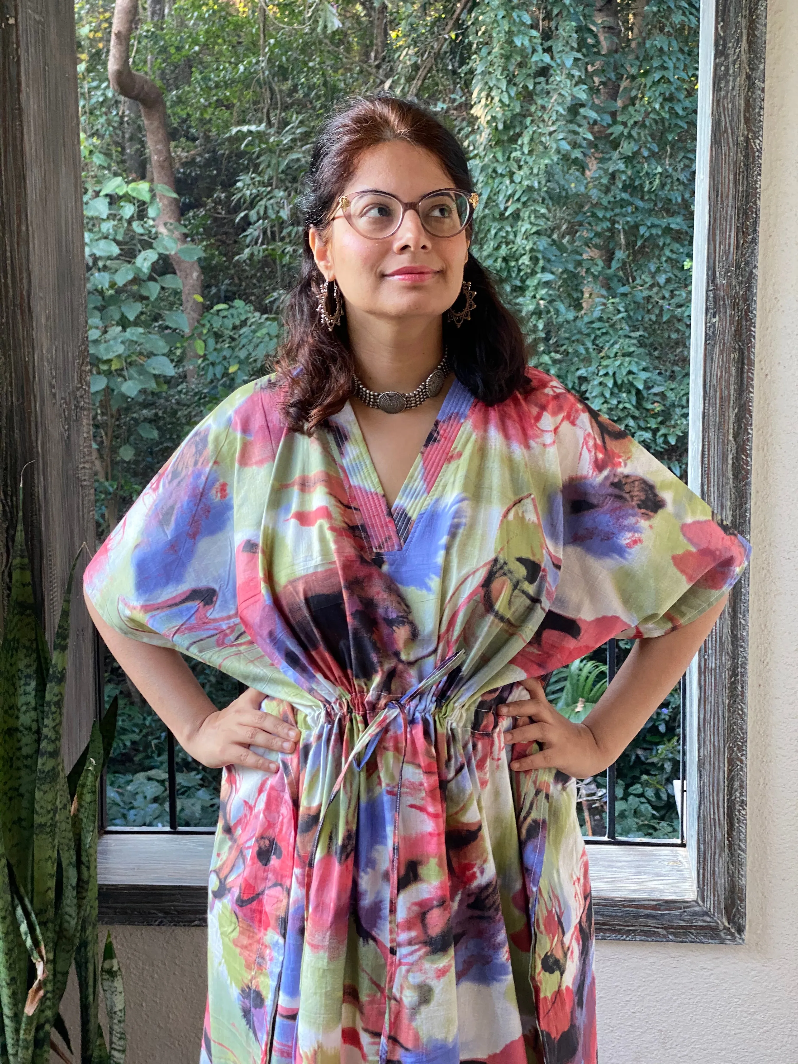 Flamingo Watercolor V-Neck, Cinched Waist Ankle Length Caftan