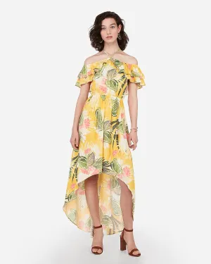 Floral Off The Shoulder Halter Hi-Lo Maxi Dress in Print