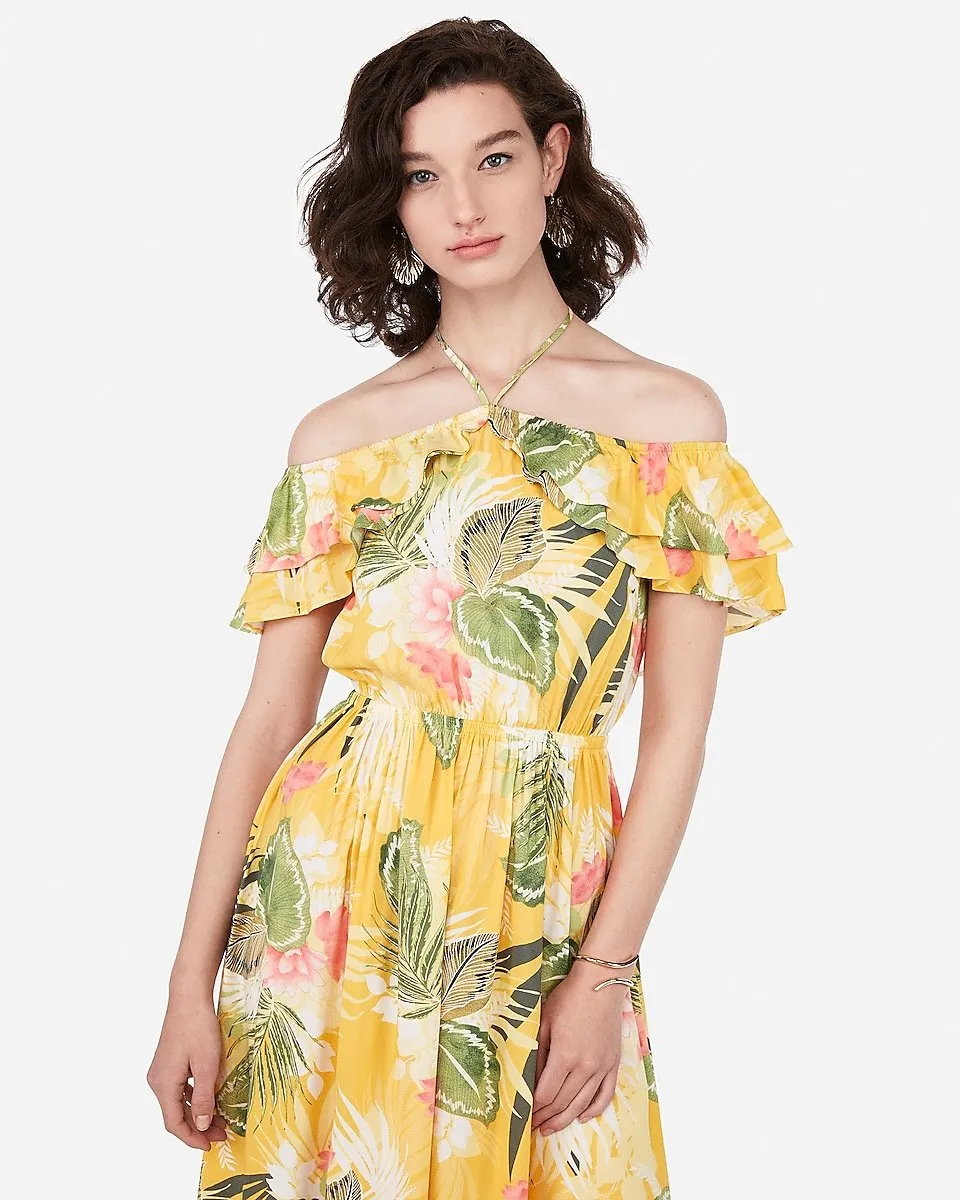 Floral Off The Shoulder Halter Hi-Lo Maxi Dress in Print