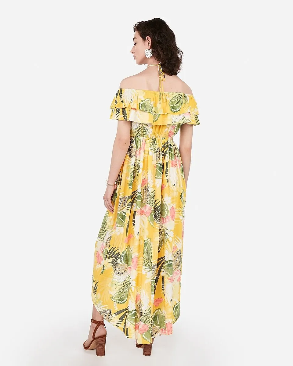 Floral Off The Shoulder Halter Hi-Lo Maxi Dress in Print