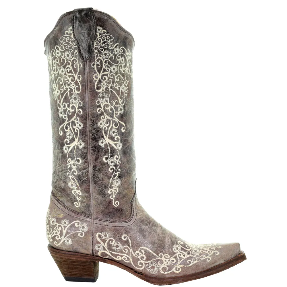 Floral Tooled-Inlay Snip Toe Cowboy Boots