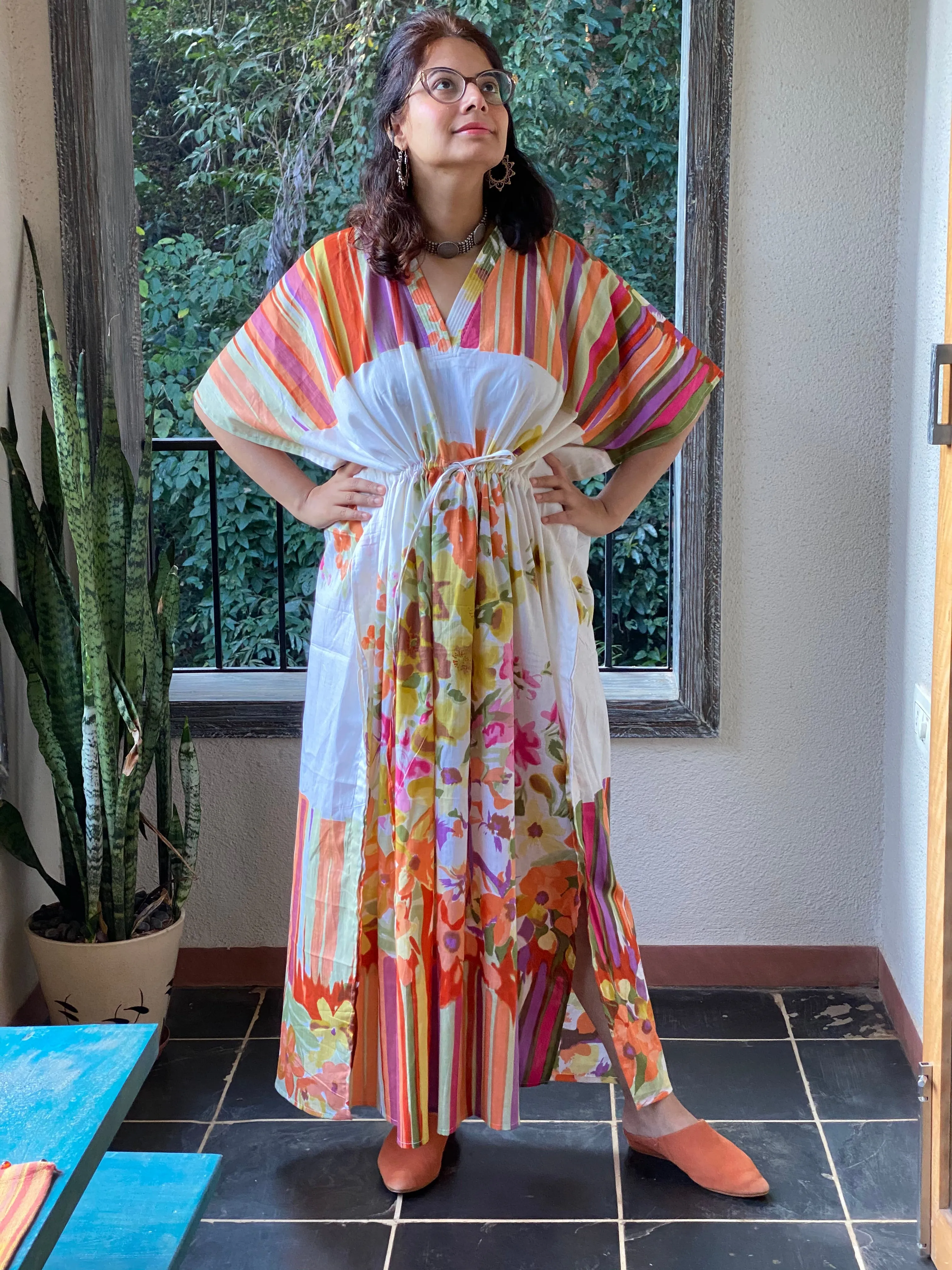 Floral Watercolor Painting V-Neck, Cinched Waist Ankle Length Caftan