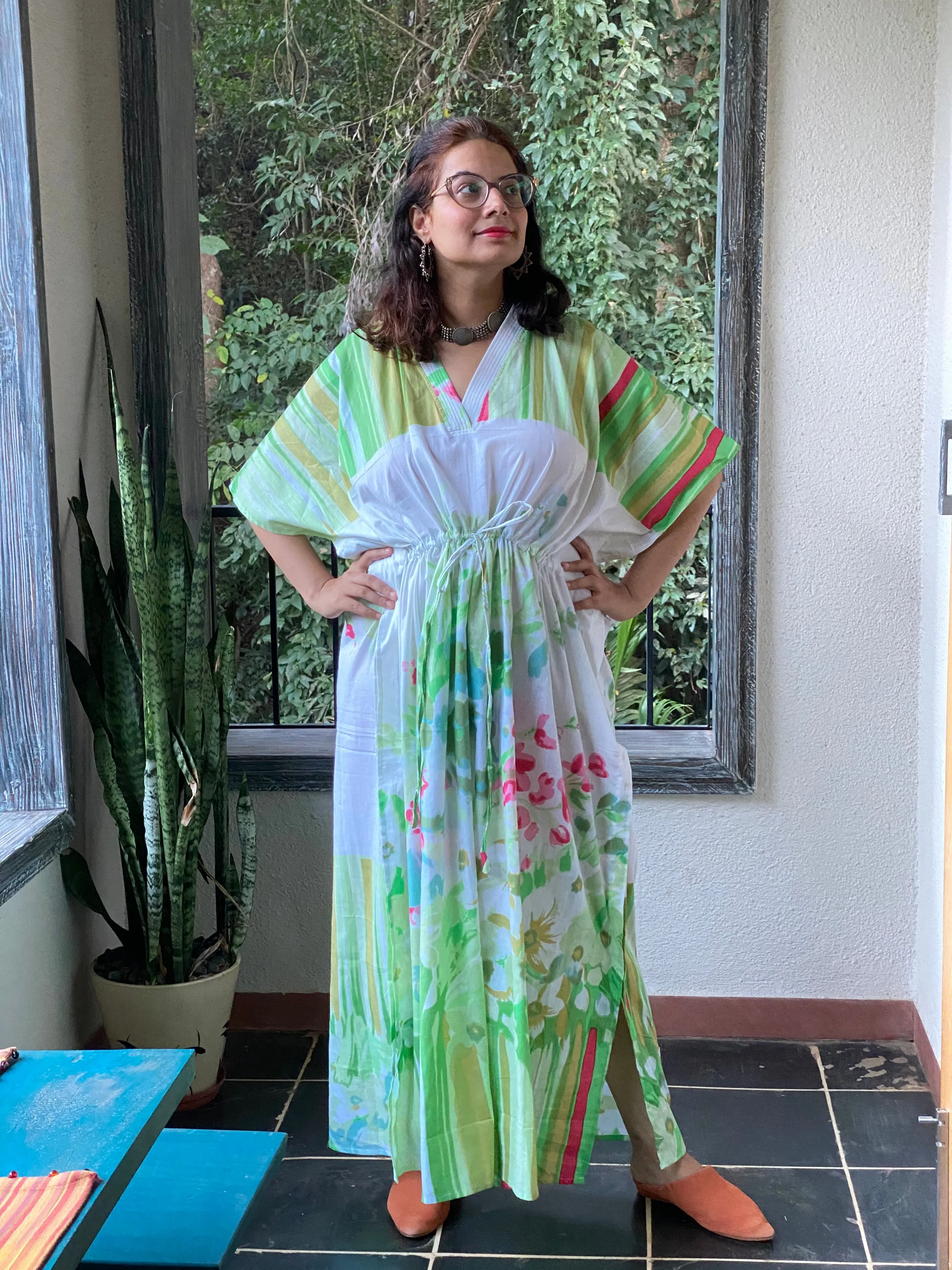 Floral Watercolor Painting V-Neck, Cinched Waist Ankle Length Caftan