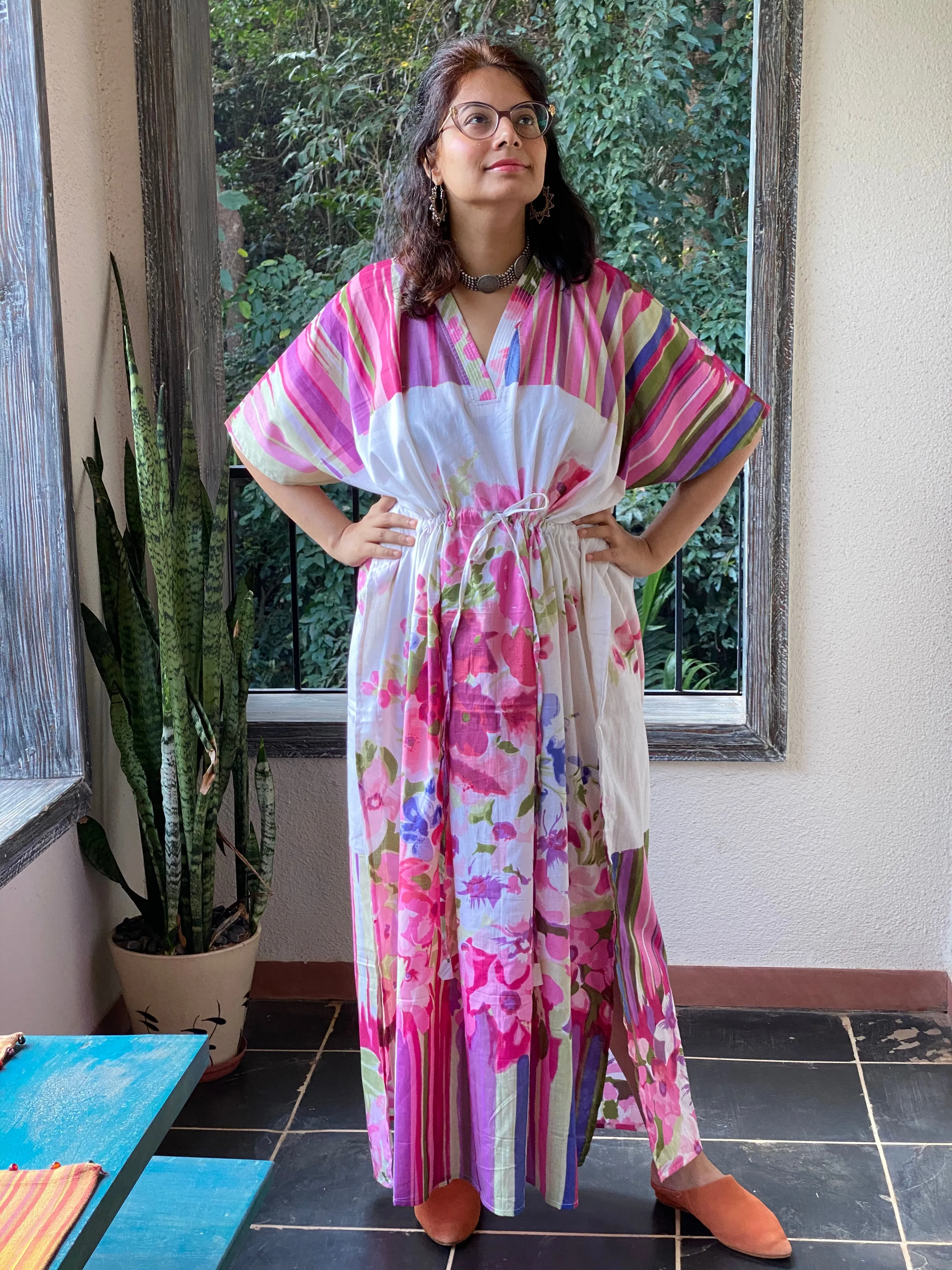 Floral Watercolor Painting V-Neck, Cinched Waist Ankle Length Caftan