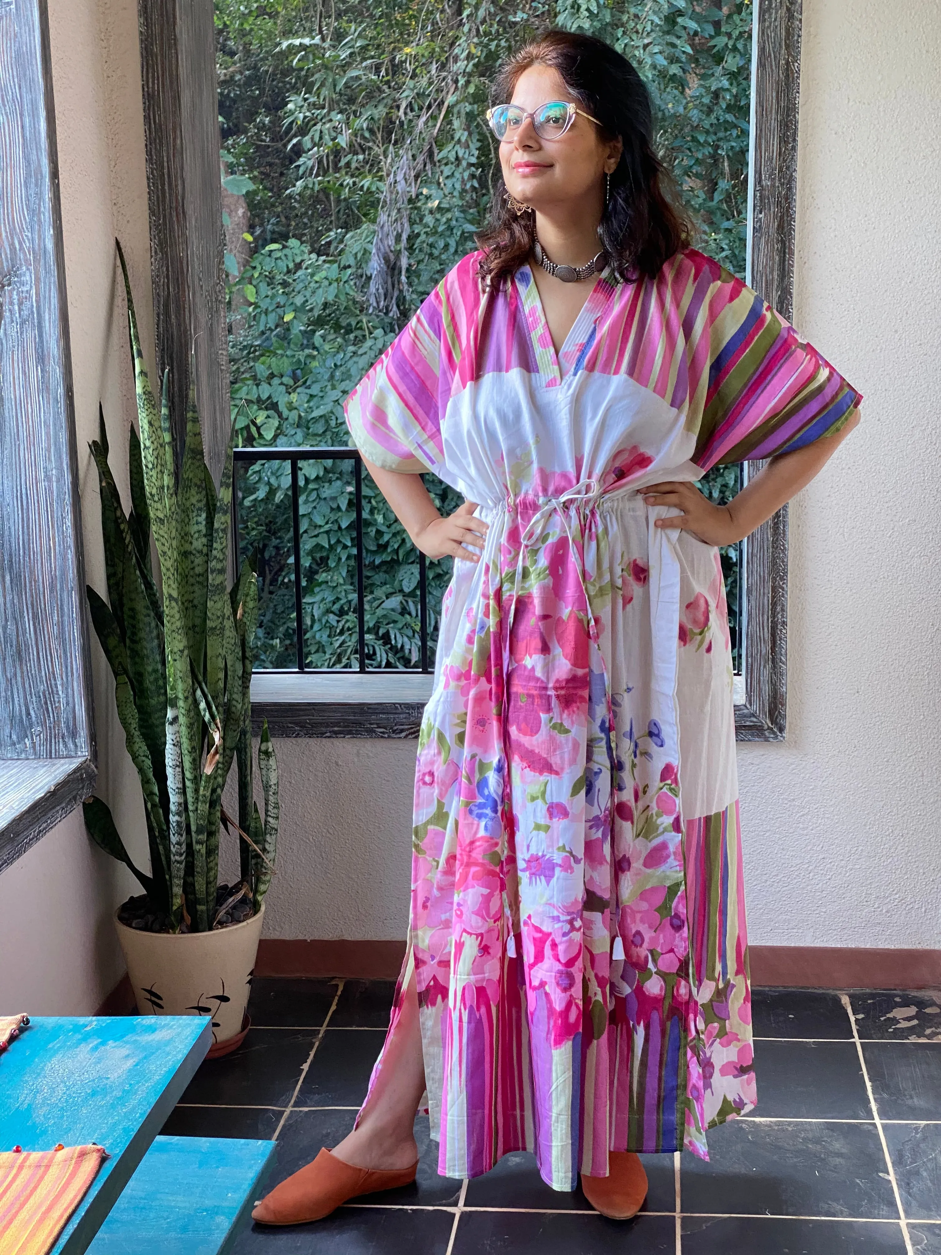 Floral Watercolor Painting V-Neck, Cinched Waist Ankle Length Kaftan